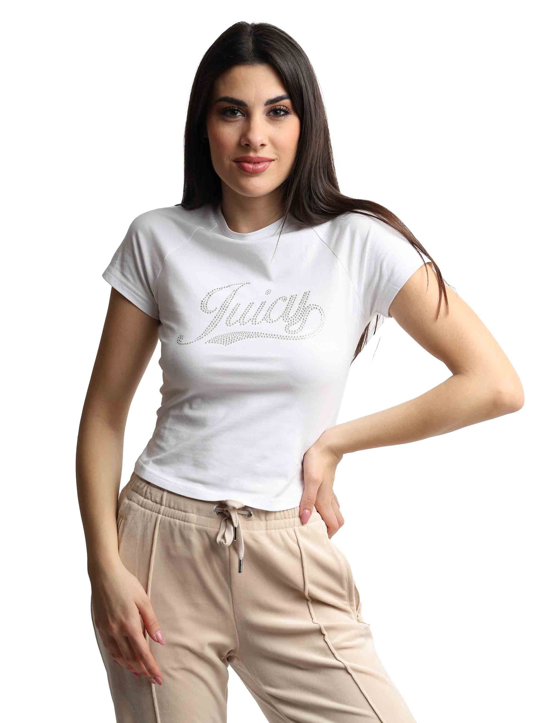 Ryder Rodeo women's t-shirts in white cotton with crew neck and rhinestones