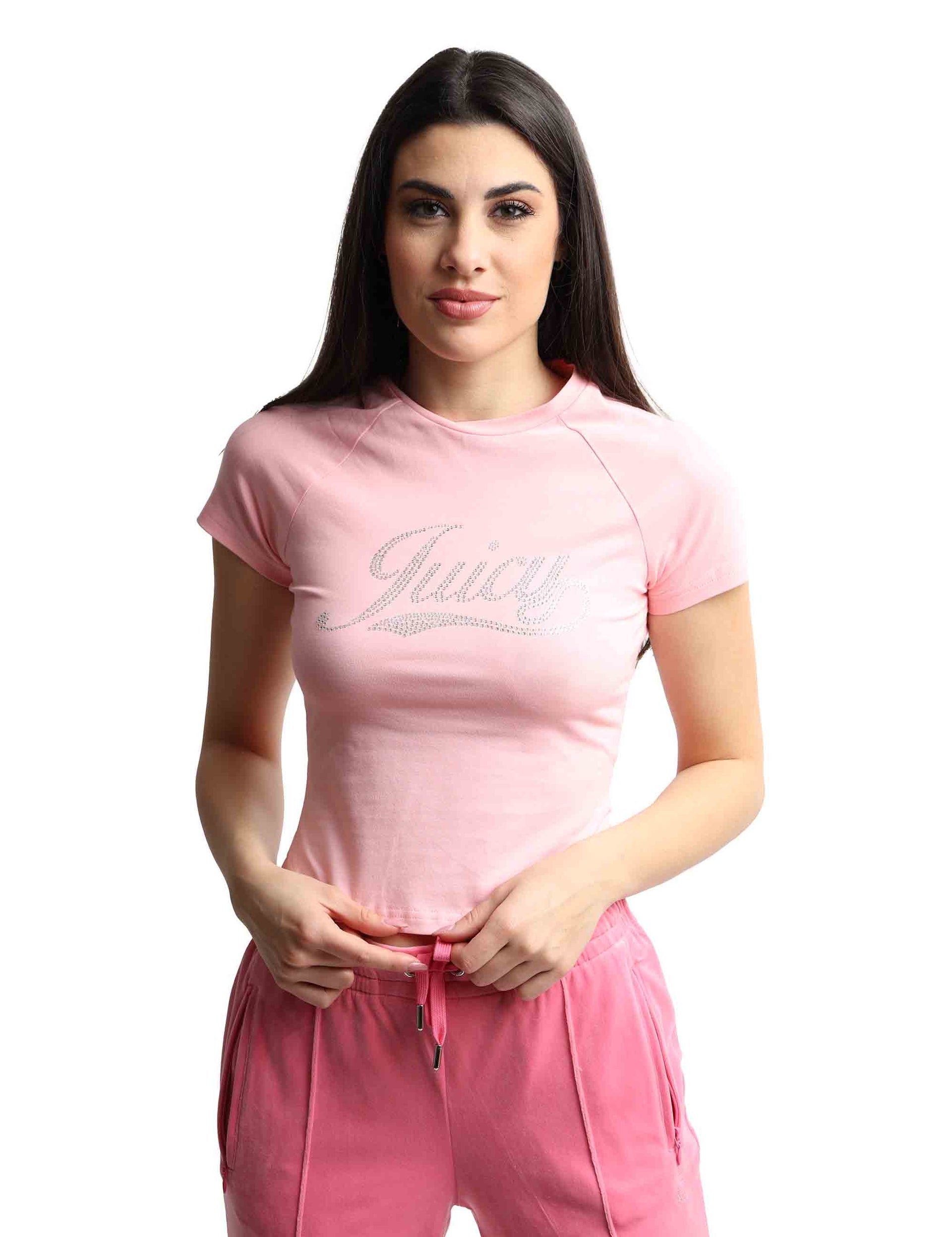 T-shirts donna Ryder Rodeo in cotone rosa a girocollo con strass