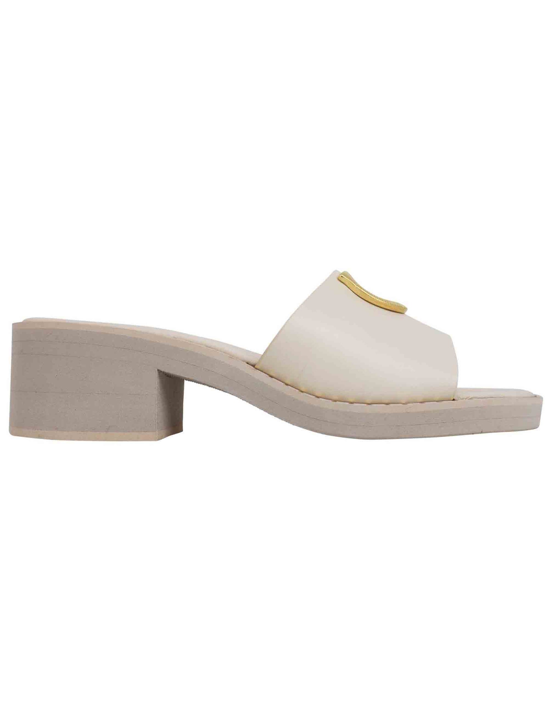 Women's off-white leather sandals with gold stud and ultra-light rubber sole