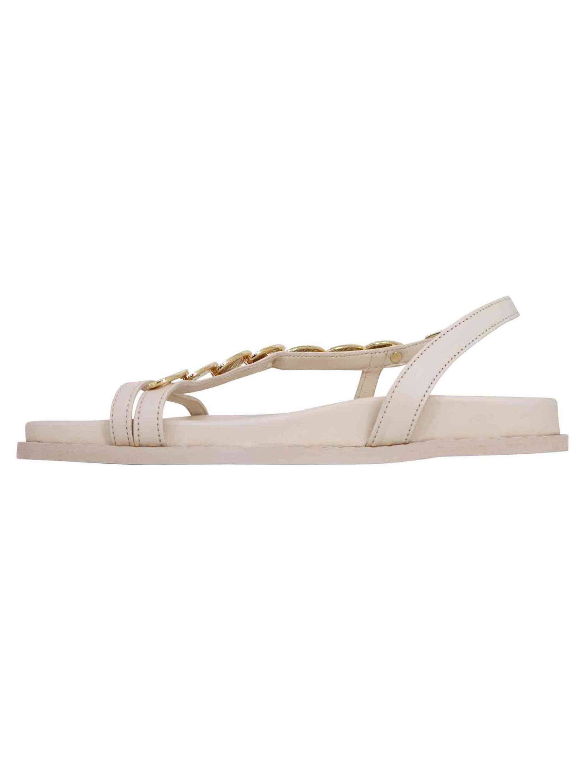 Women's slingback flip-flop sandals in off-white leather with gold leaves