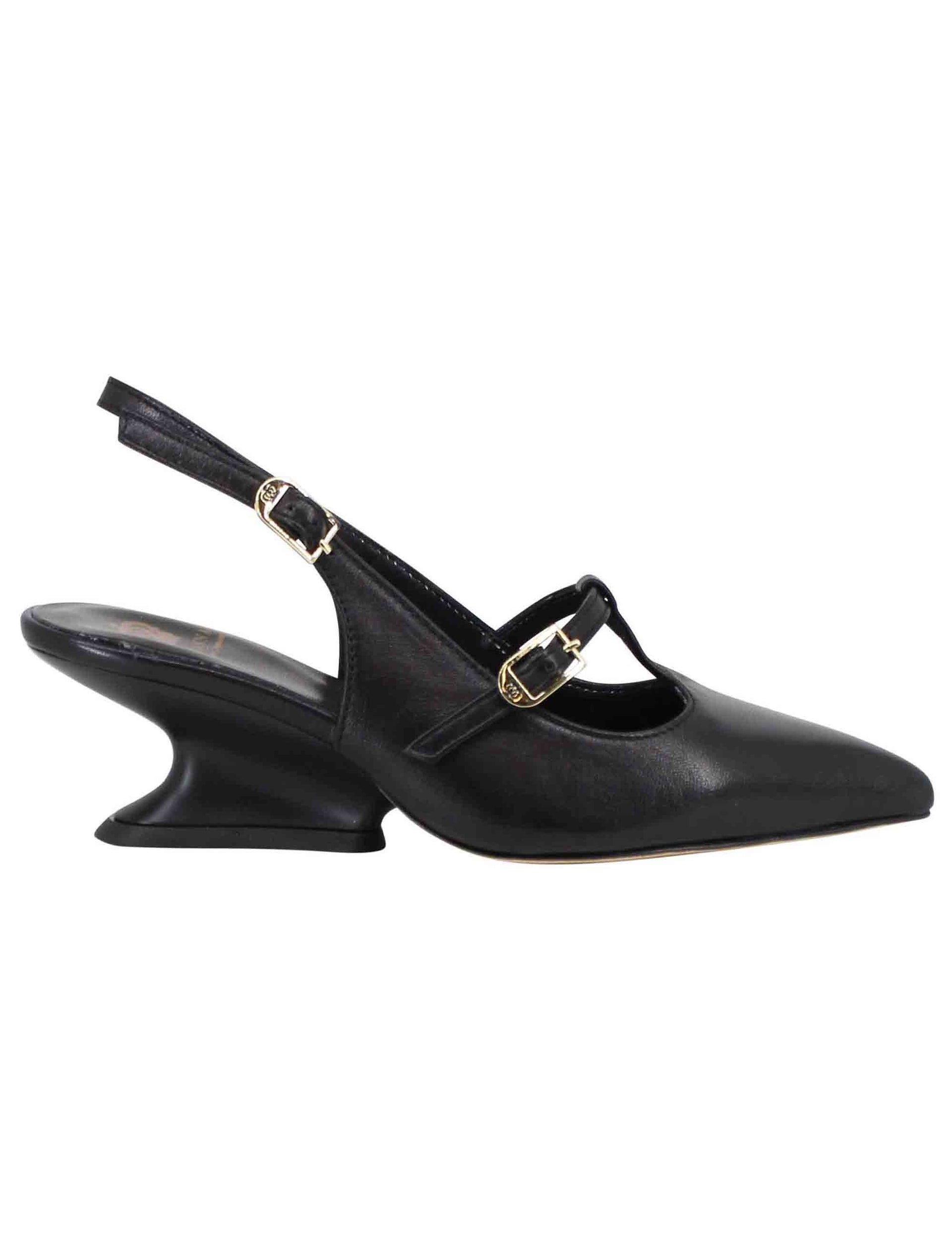 Decollete slingback donna in pelle nera con tacco zeppa