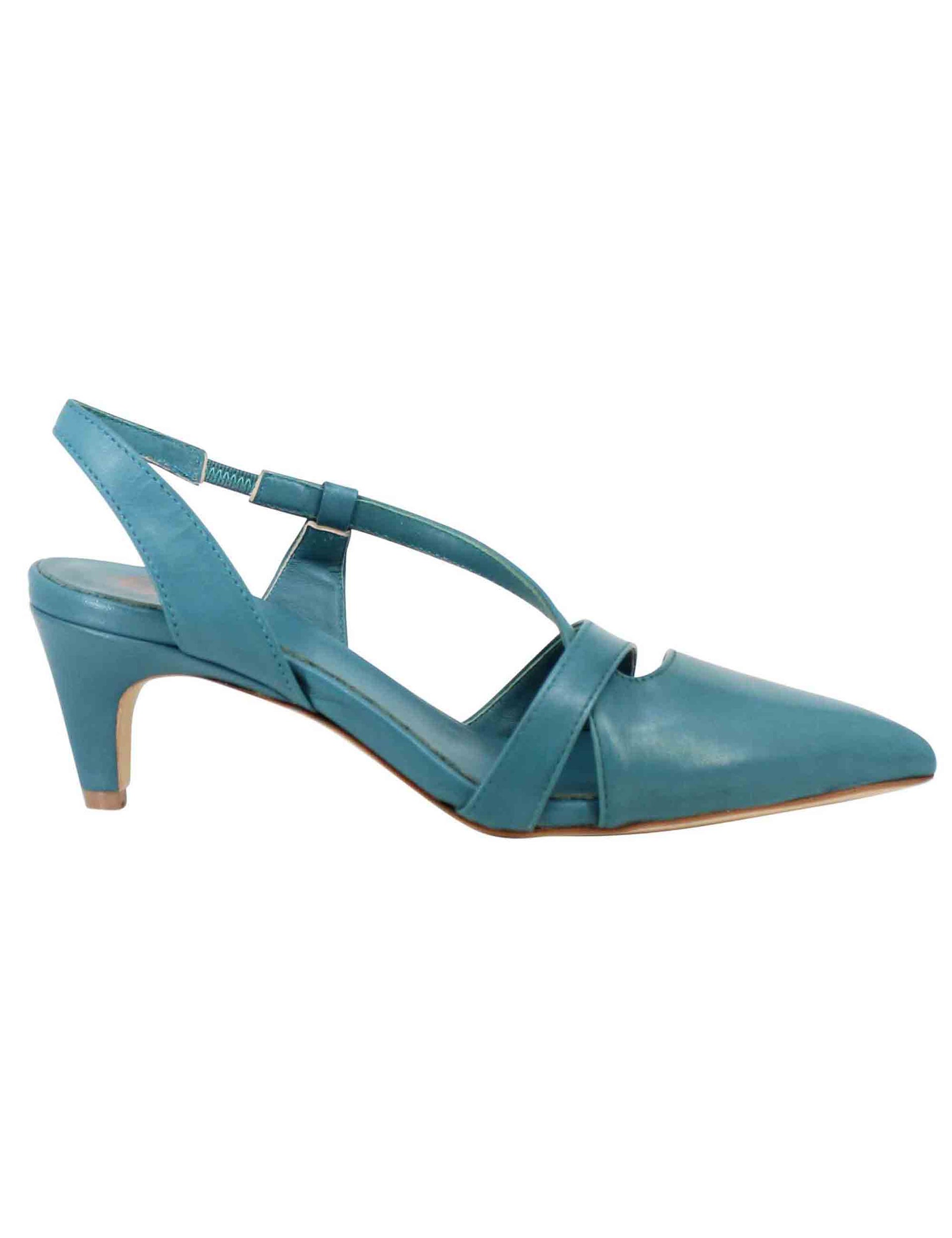 Women's slingback pumps in teal leather with low heel