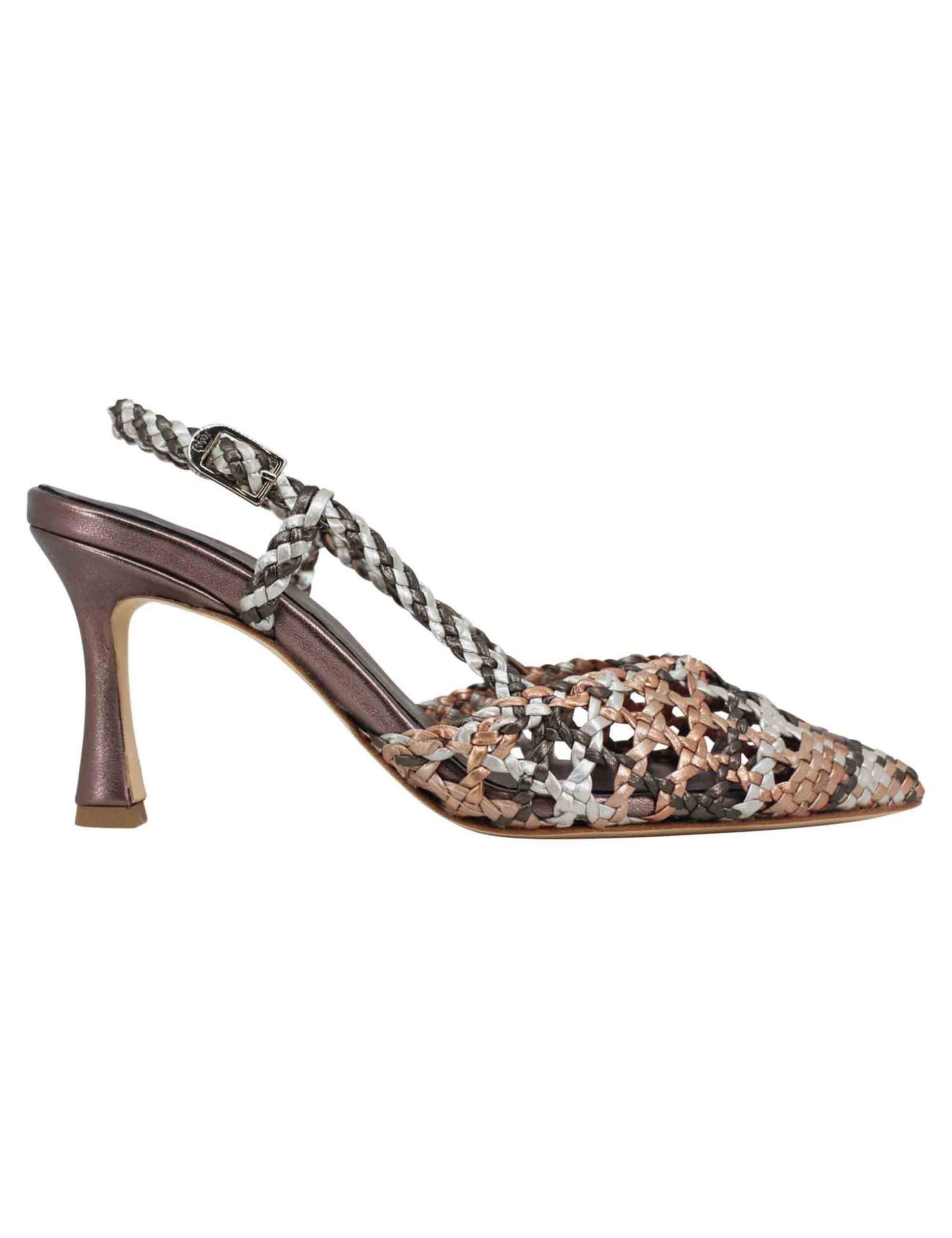 Decollete slingback donna in pelle intrecciata taupe laminata con tacco alto