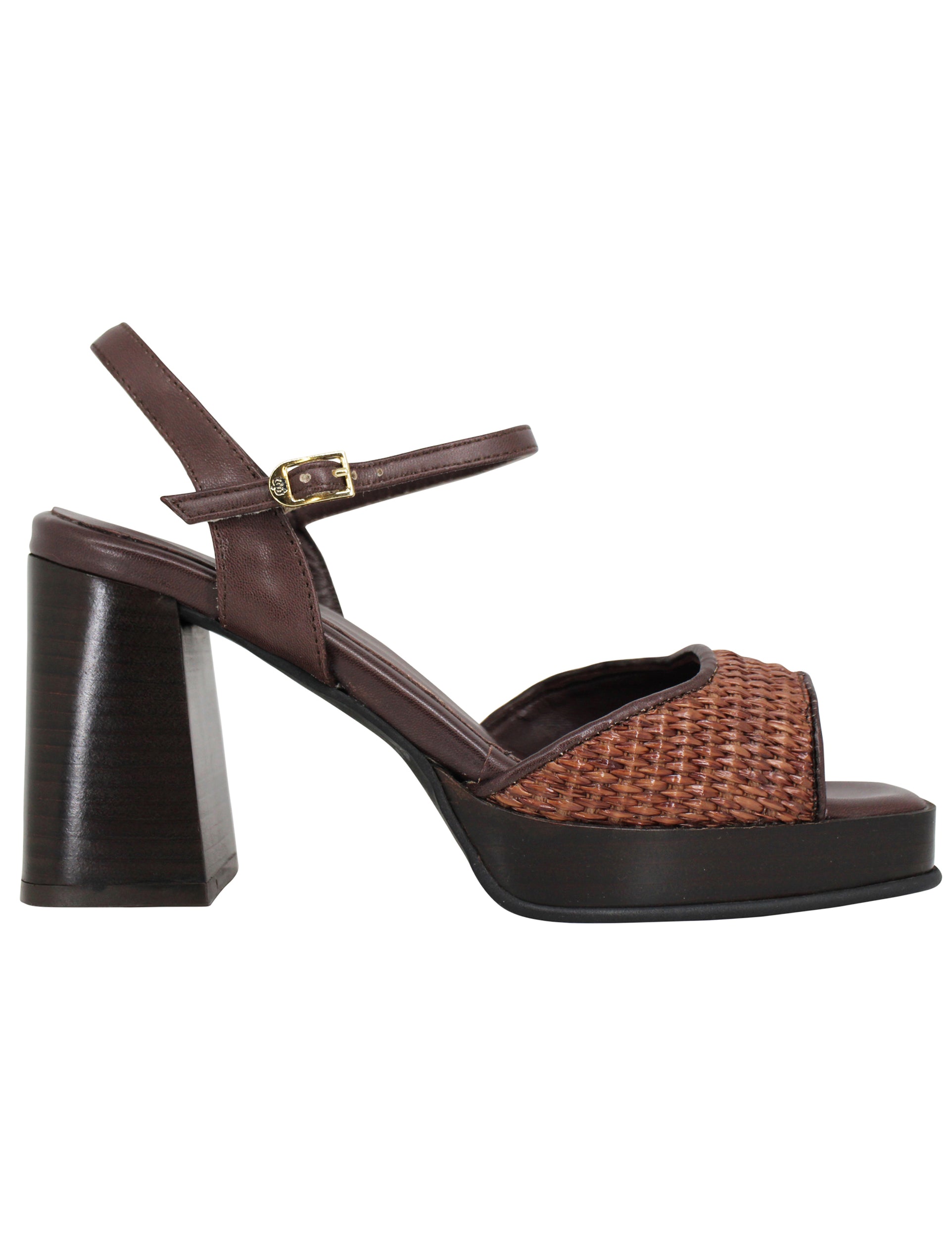 Women's sandals in brown leather and fabric with square toe heel and ankle strap