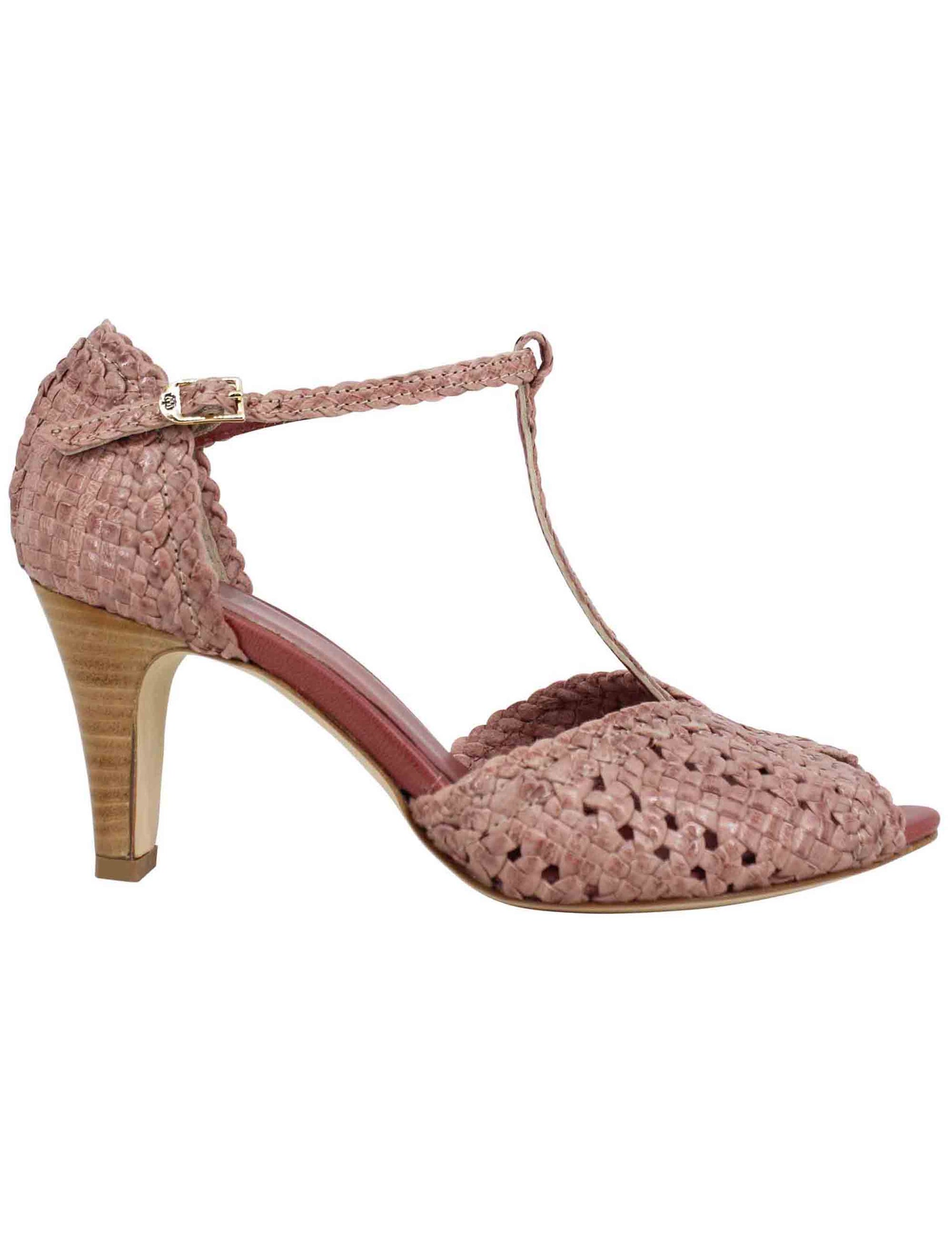 Women's pink woven leather sandals with high heel