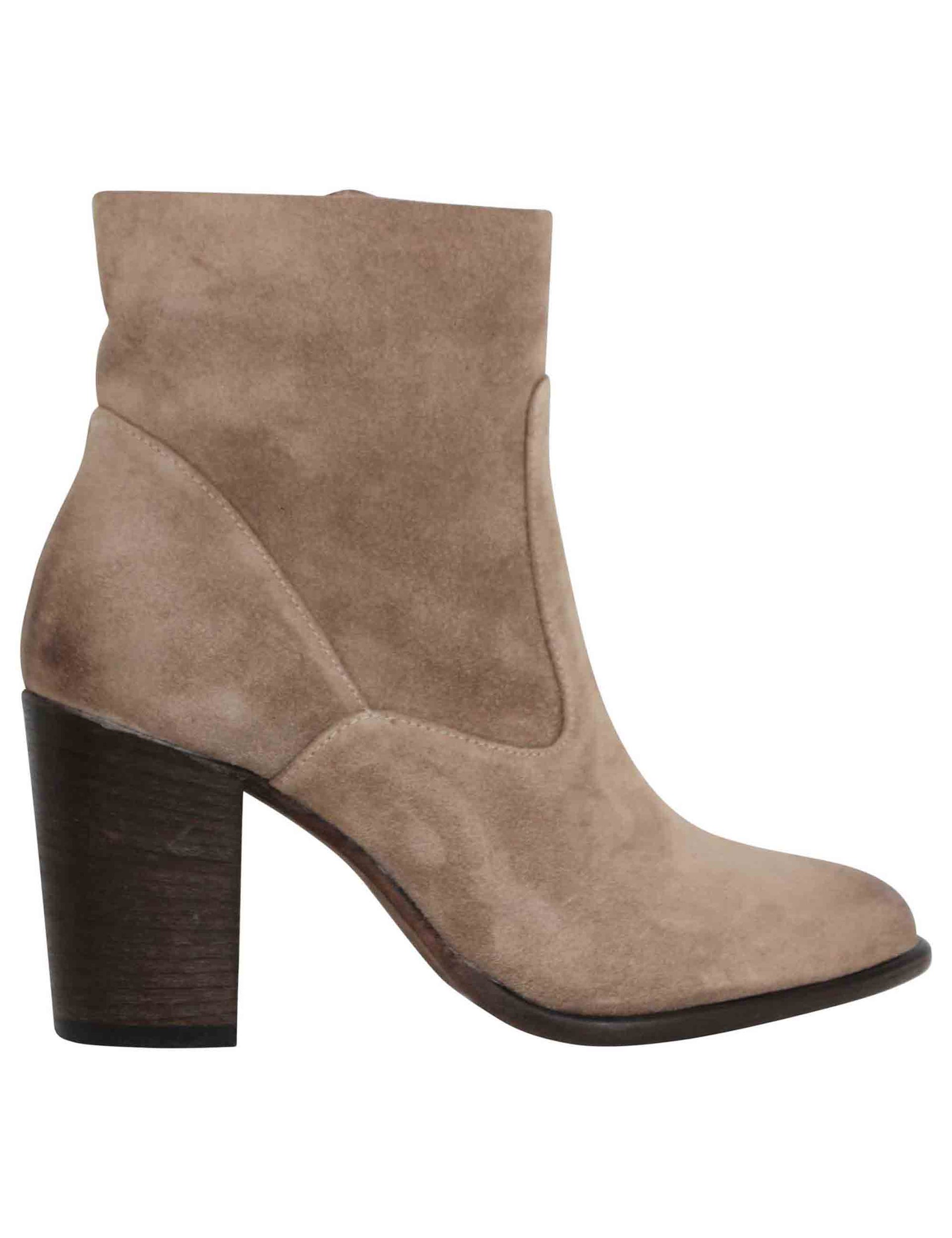 Women's taupe suede ankle boots with high leather heel