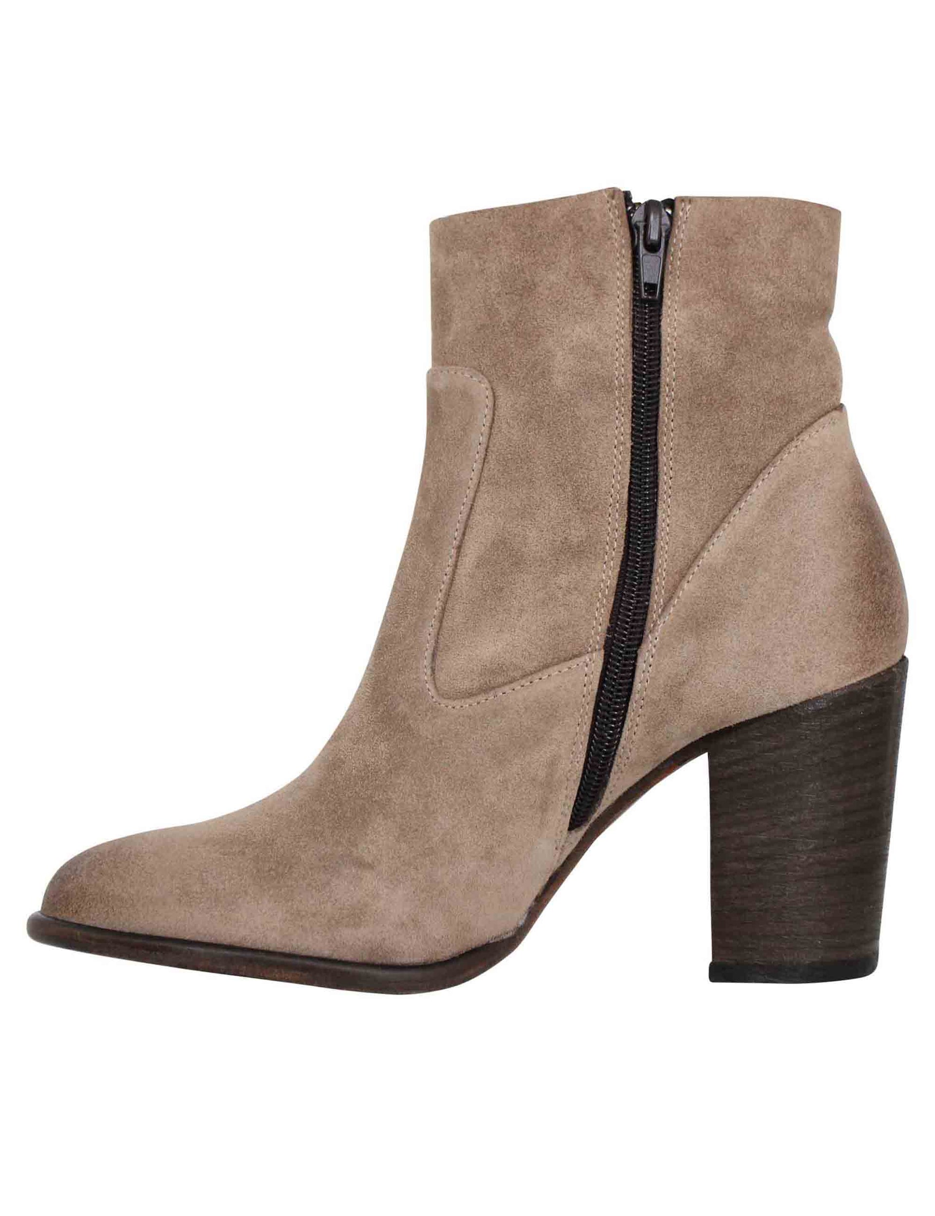 Women's taupe suede ankle boots with high leather heel