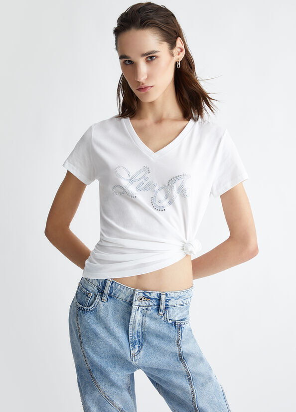 T-shirt donna con logo e applicazioni in bianco