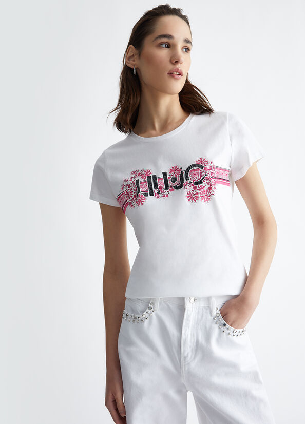 T-shirt donna in cotone con stampa e applicazioni