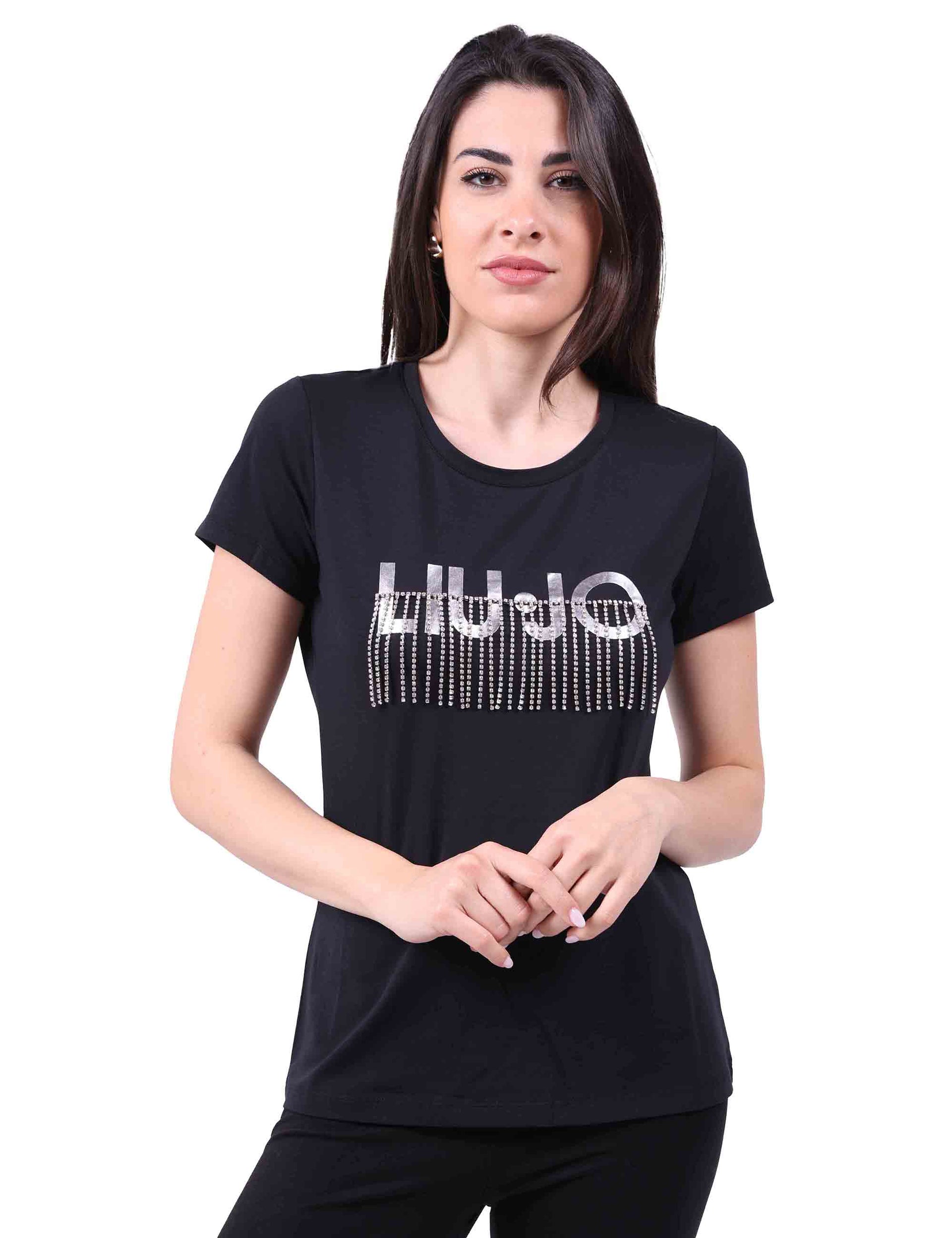 T-shirt donna con strass in nero