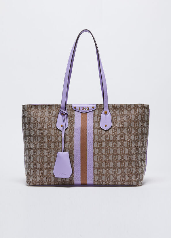 Women's shoulder bags in brown fabric and wisteria leather