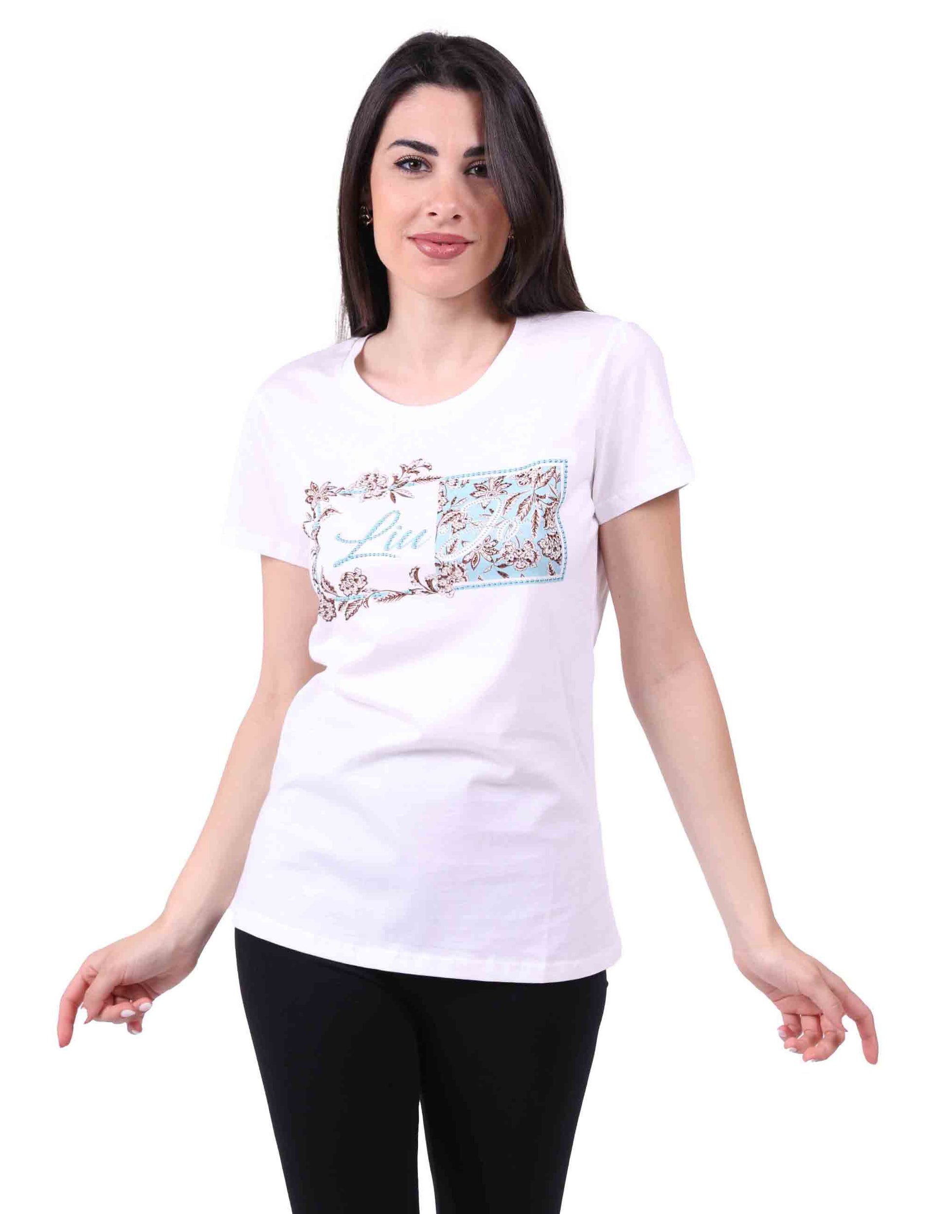 T-shirt donna con logo e strass in bianco