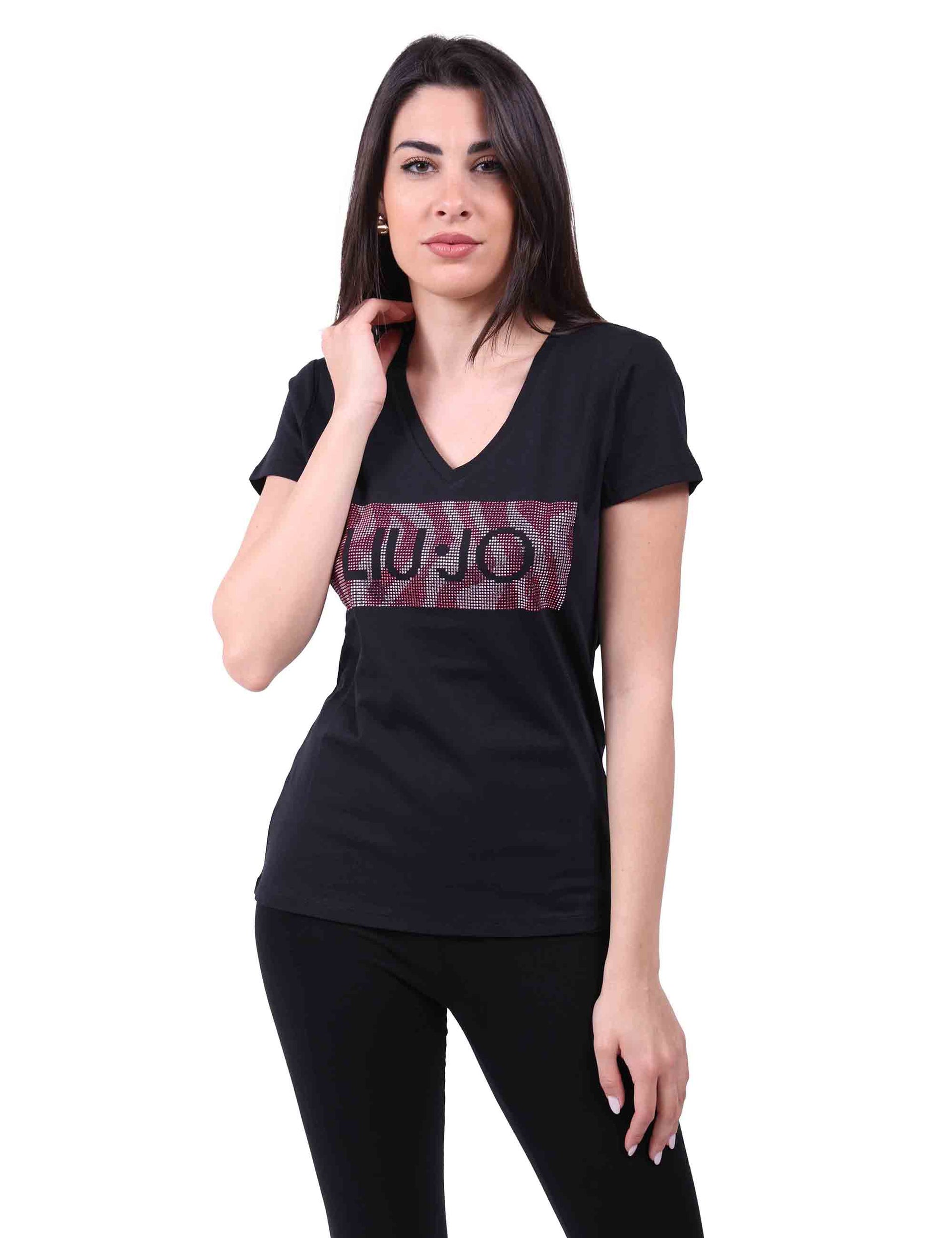 T-shirt donna con logo e strass in nero