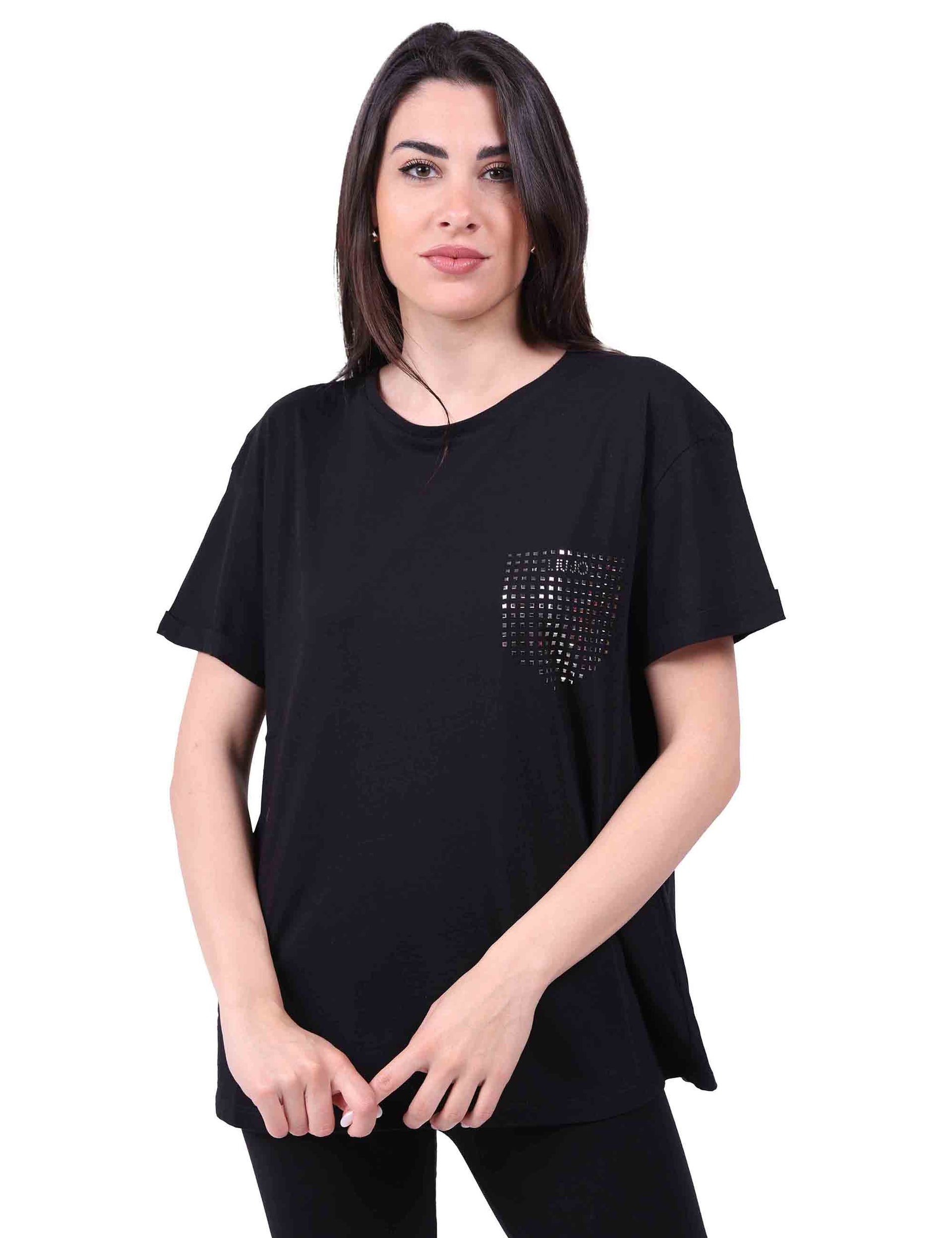 T-shirt donna con taschino strass nero