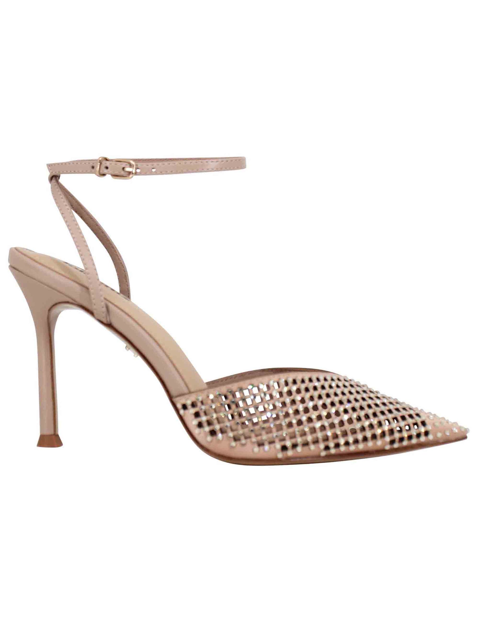 Women's slingback sandals in nude leather with rhinestones and high stiletto heels Naomi