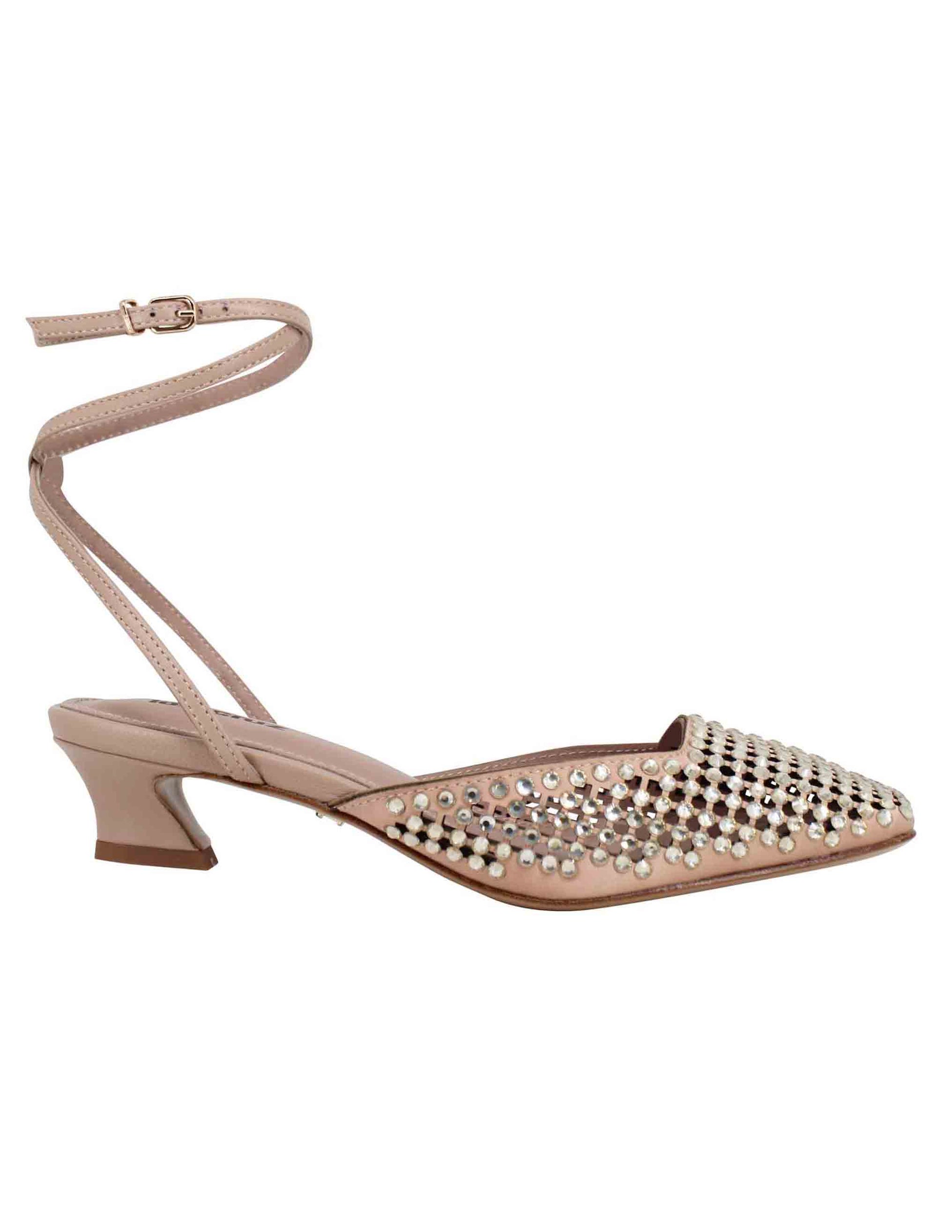 Women's slingback sandals in nude leather with rhinestones and low heel Pia