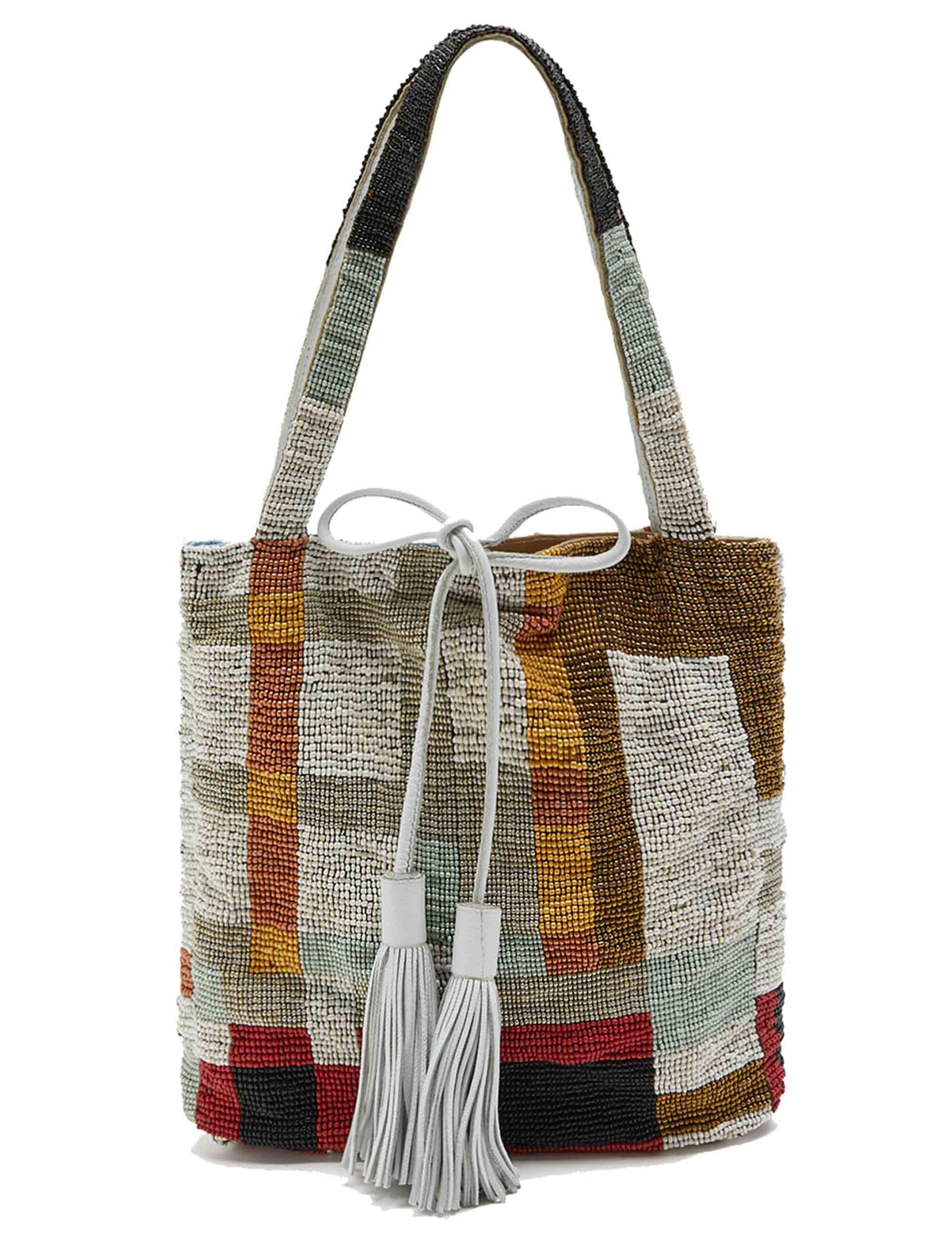Multicheck women's shoulder bags in gray beads and leather tassels