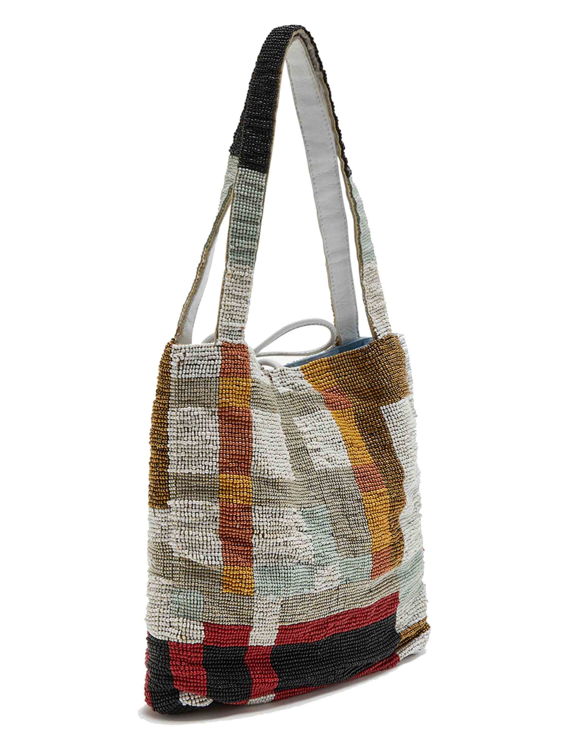 Multicheck women's shoulder bags in gray beads and leather tassels