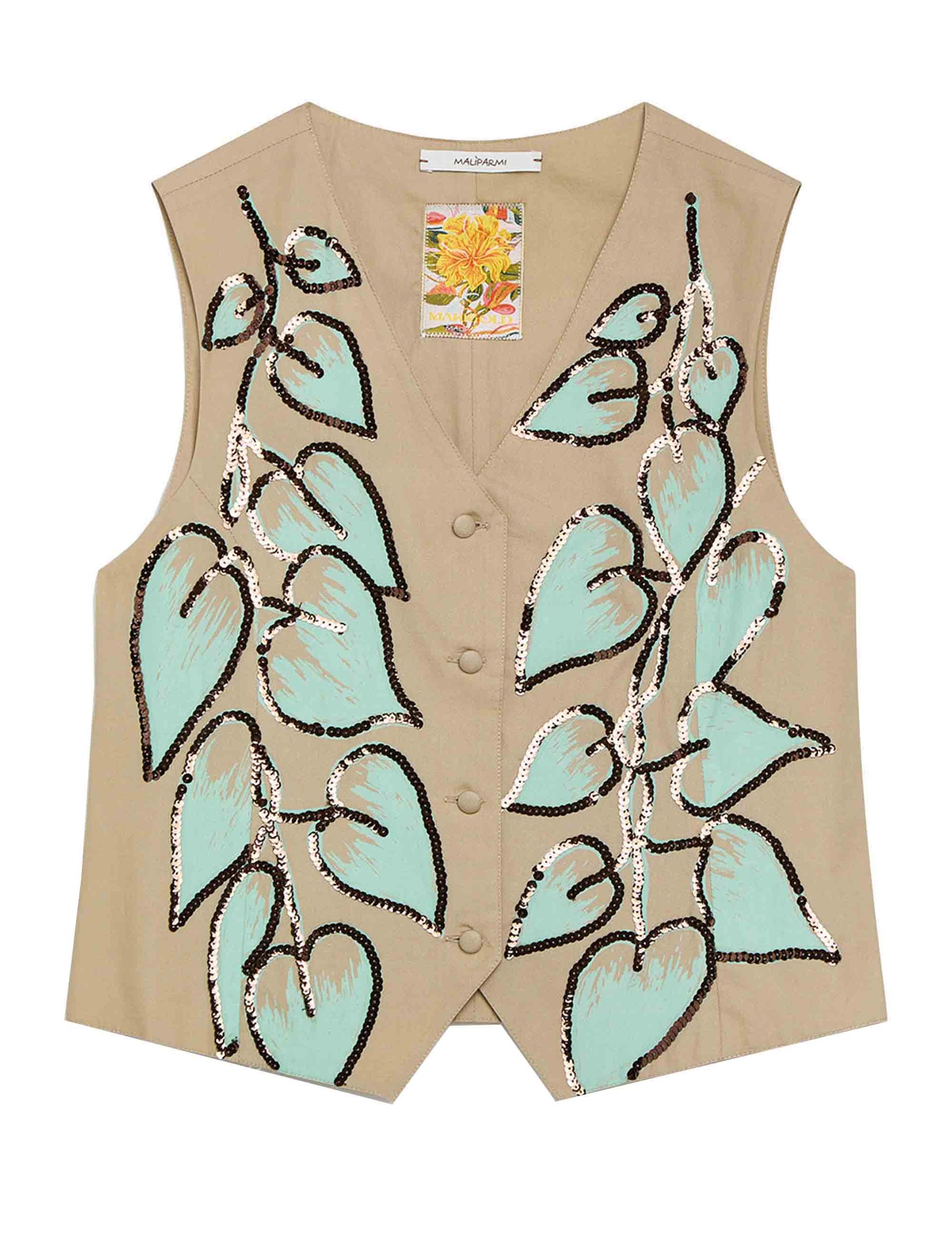 Gilet donna Archive Leaf Embroidery in cotone beige e verde