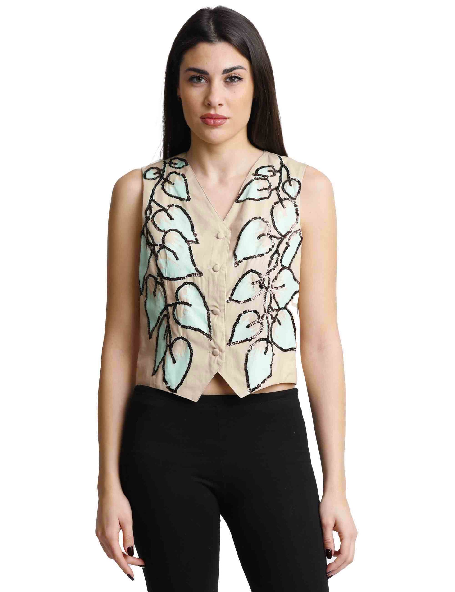 Archive Leaf Embroidery women's vest in beige and green cotton