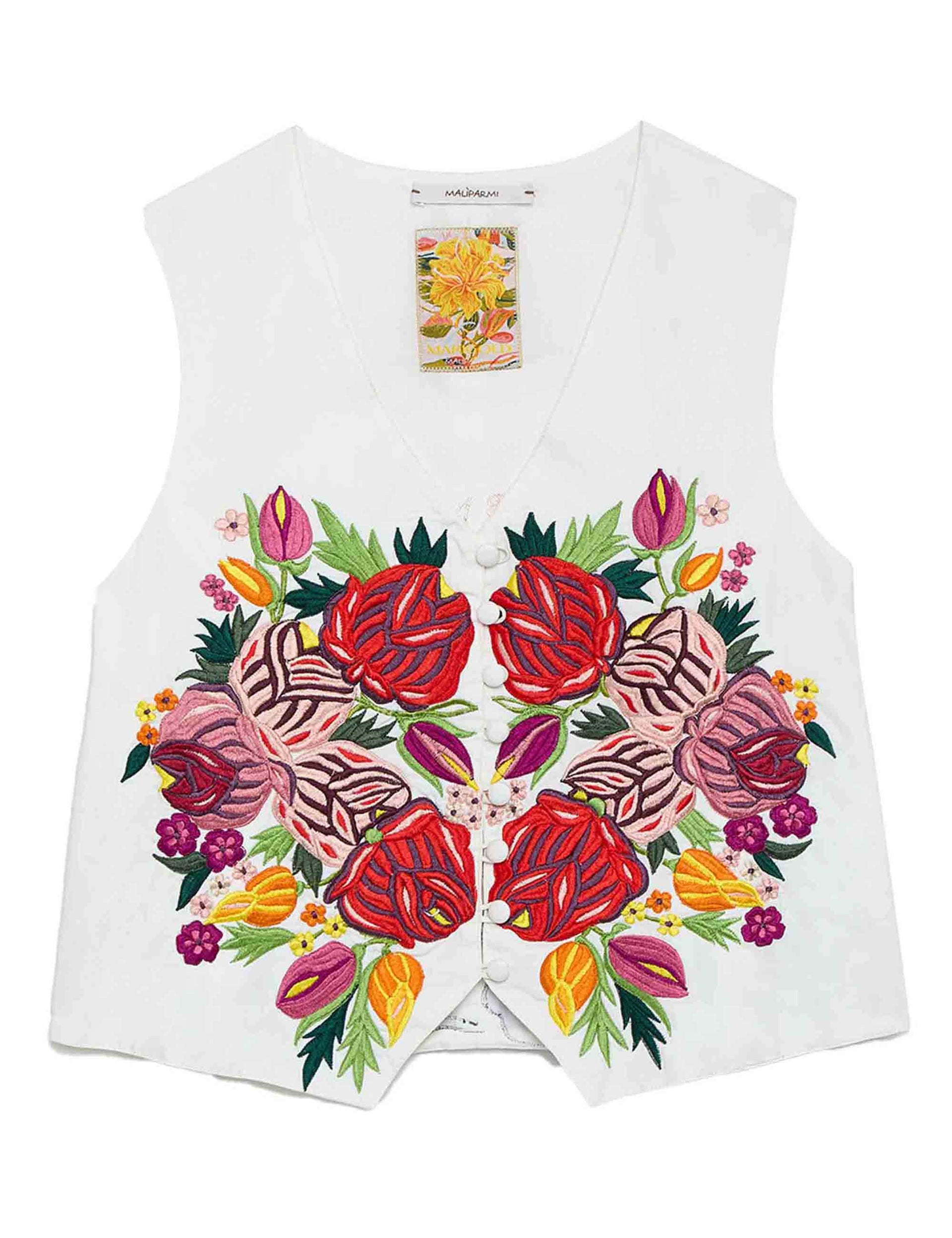 Archive Leaf Embroidery women's vest in white cotton
