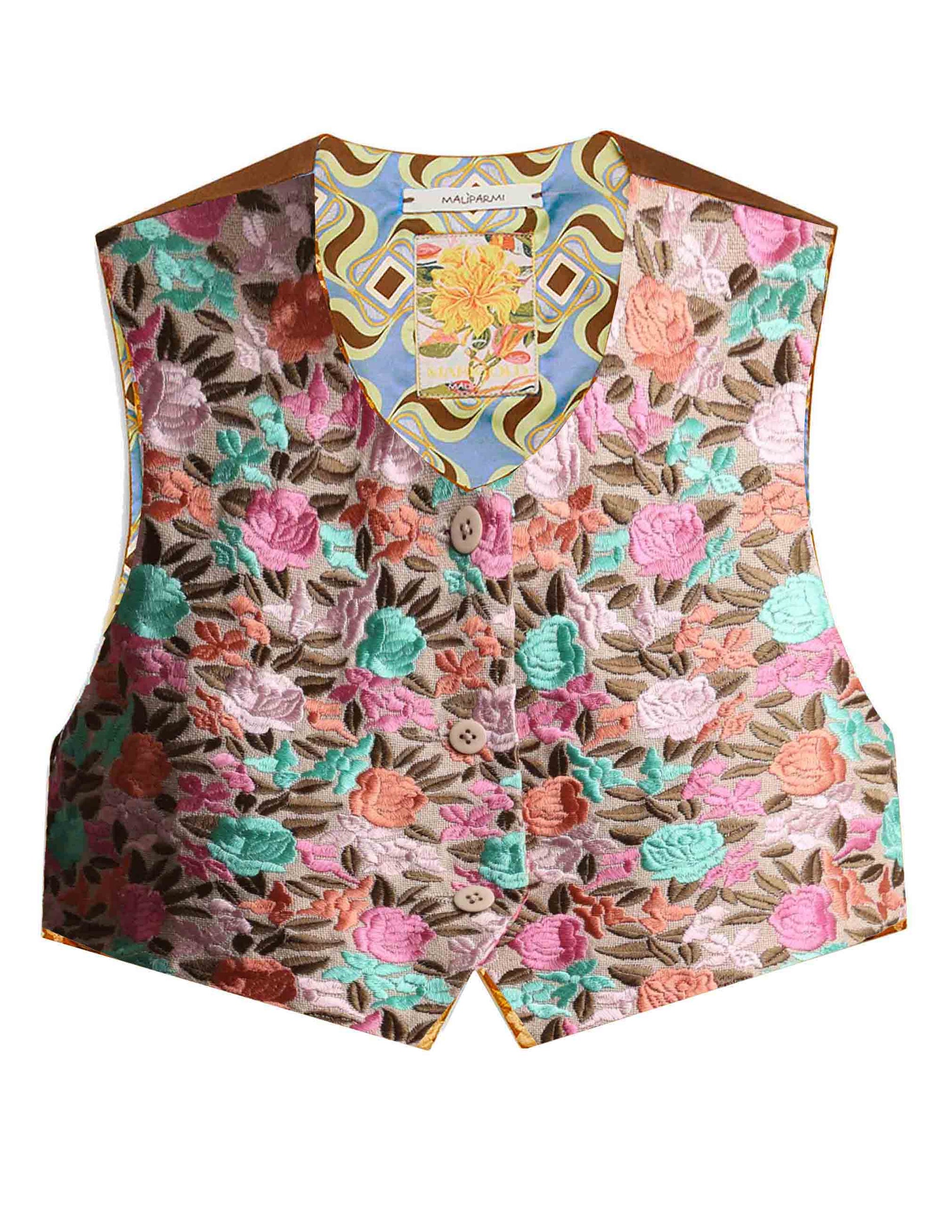 Flowers women's vest in pink canvas and leather with embroidery