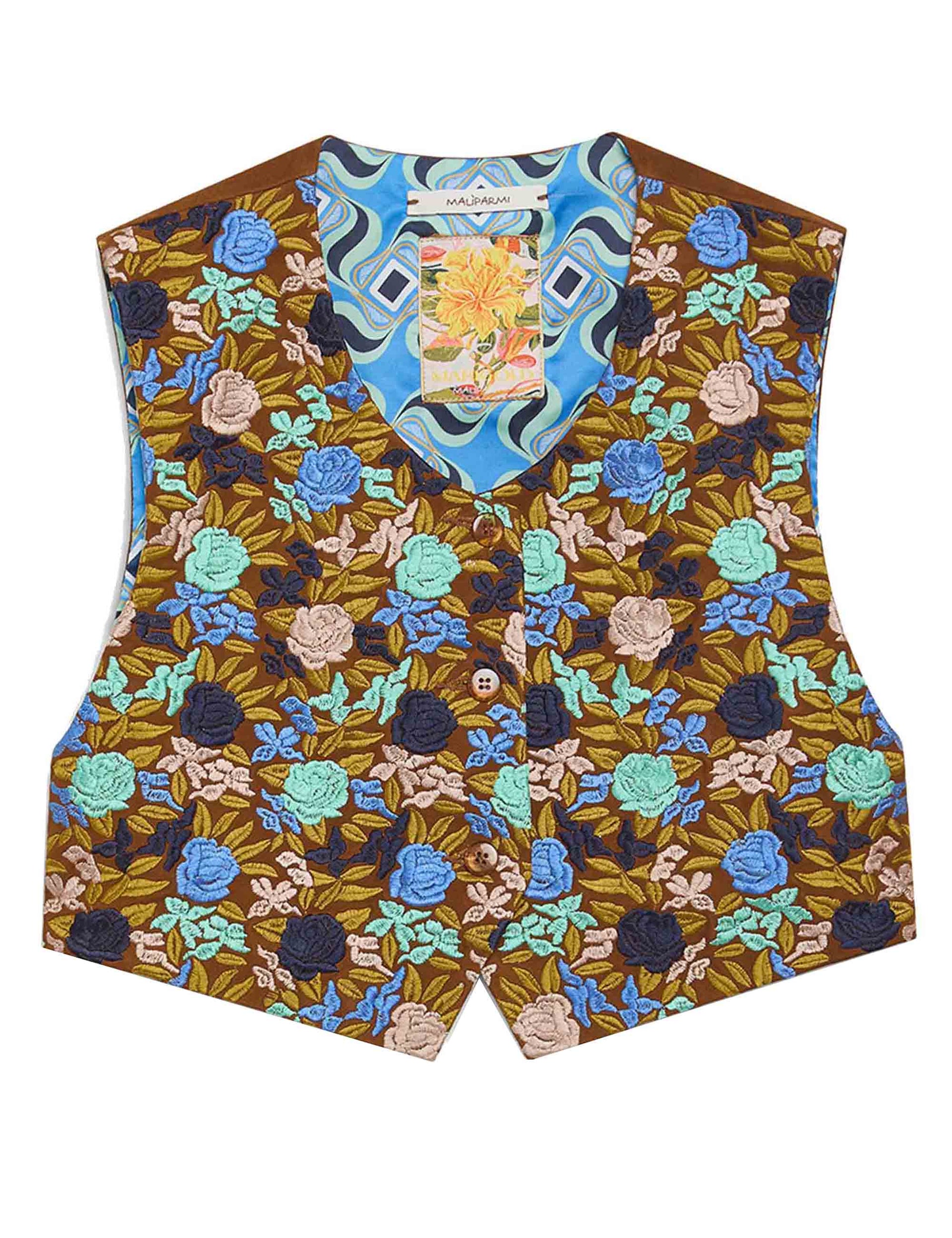 Flowers women's vest in blue canvas and leather with embroidery