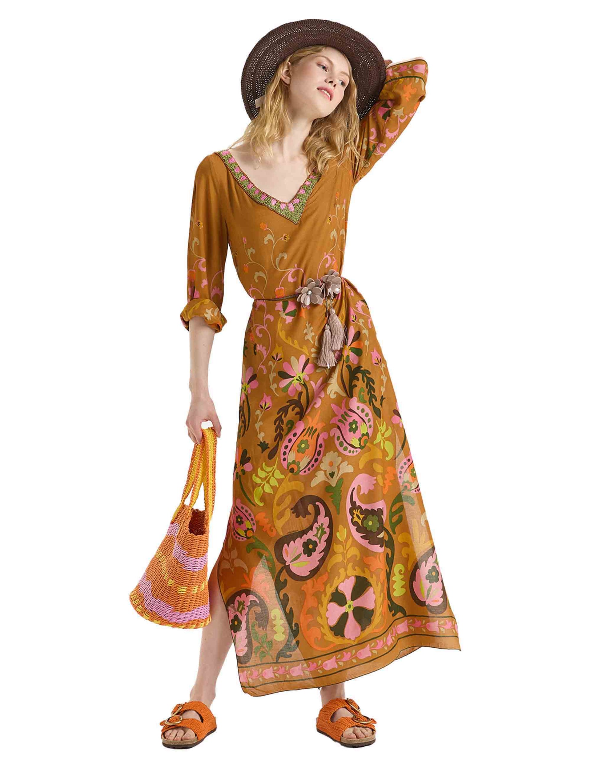 Fortuna Print women's dresses in orange patterned fabric
