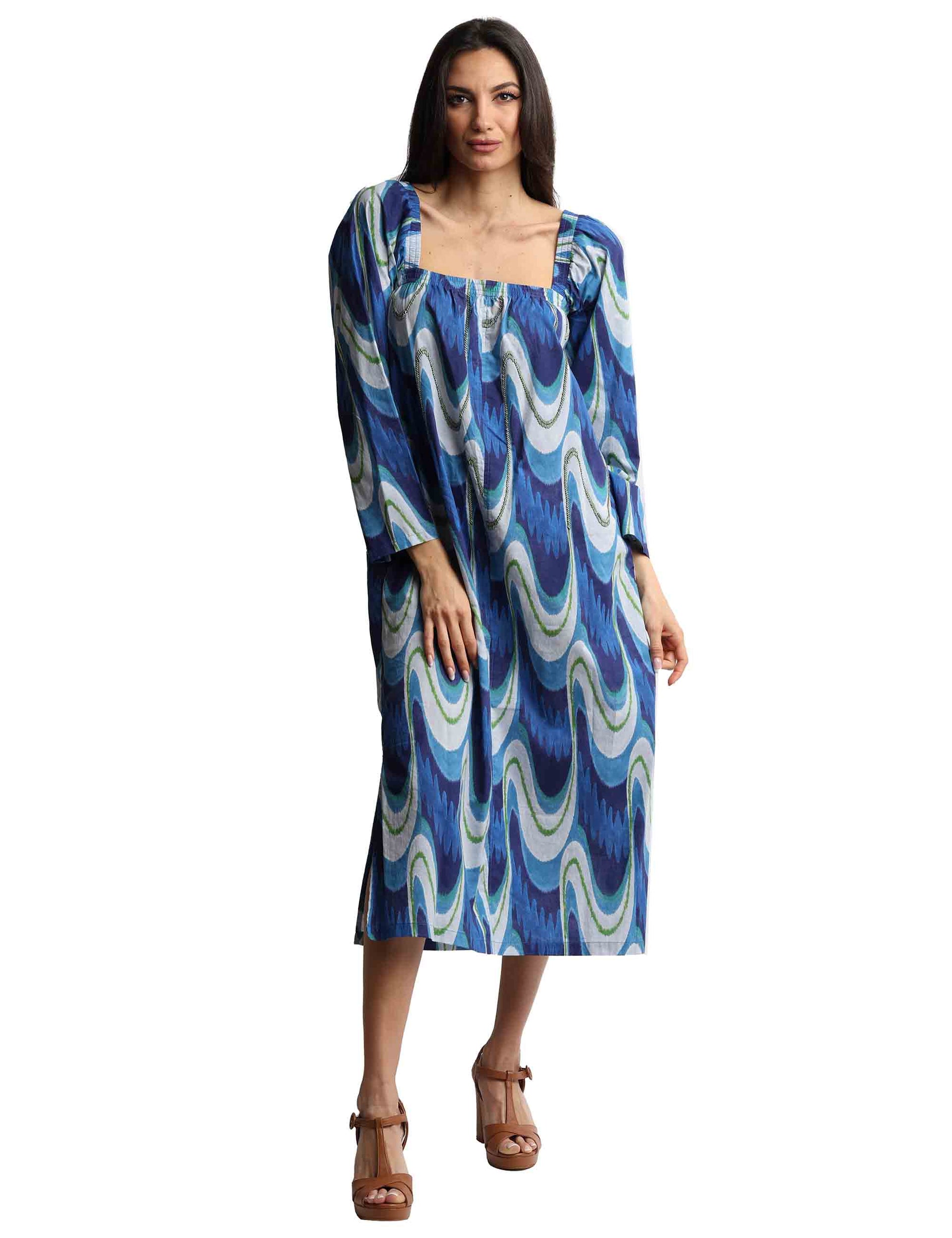 Ikat Wave Muslin women's dresses in blue and light blue cotton
