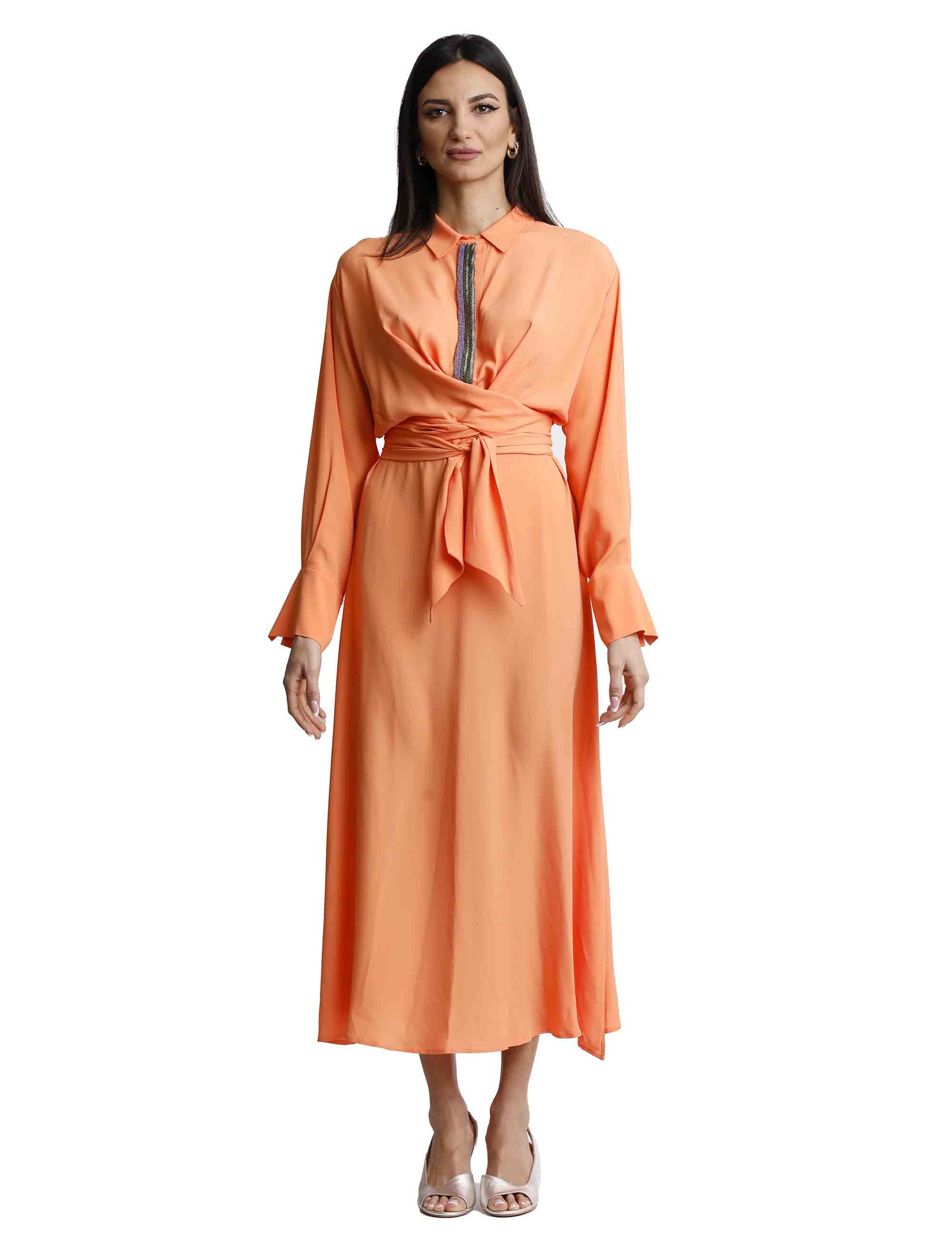 Fluide Crepe women's long dresses in orange silk with draping