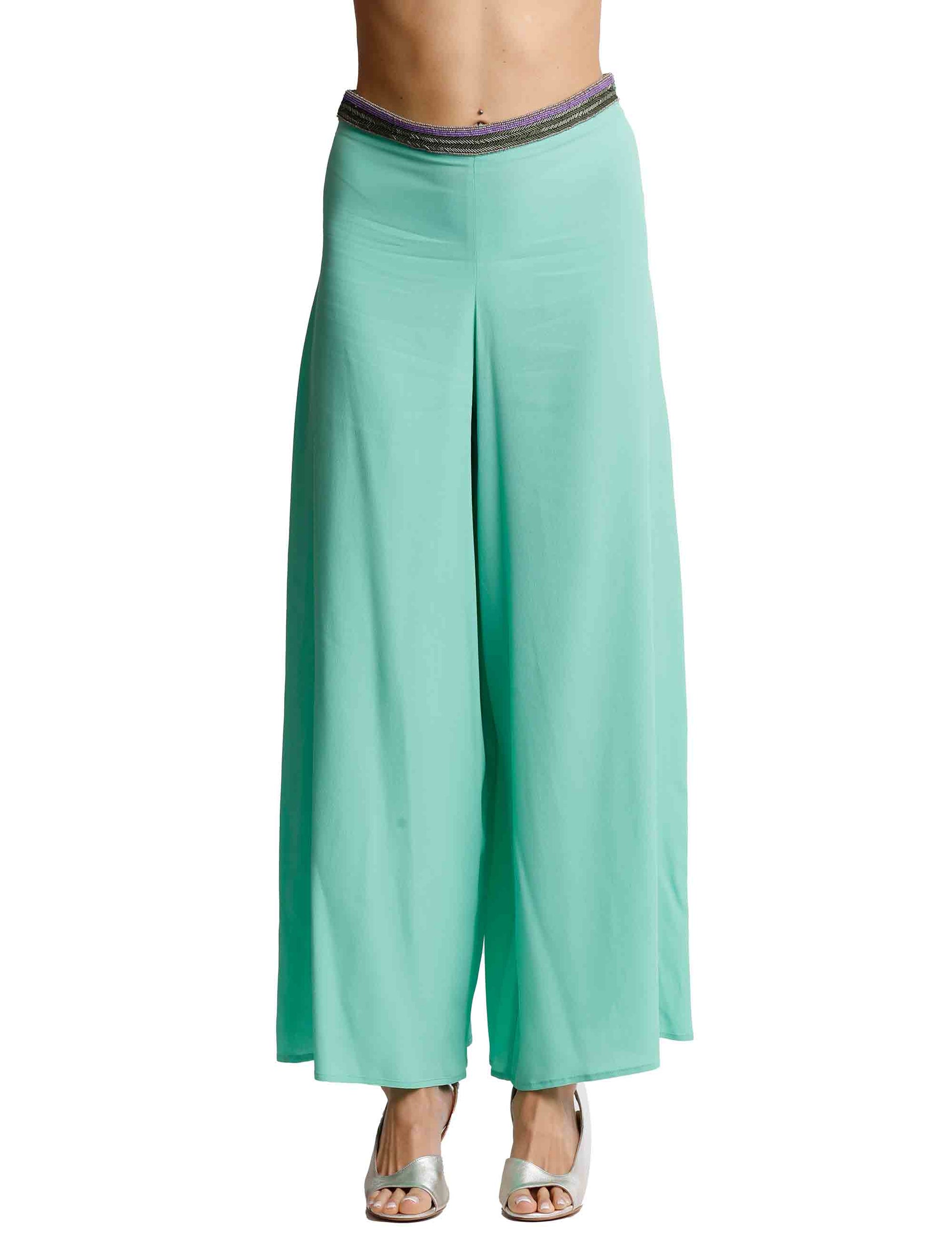 Pantaloni donna Fluide Crepe in seta verde con cintura ricamata