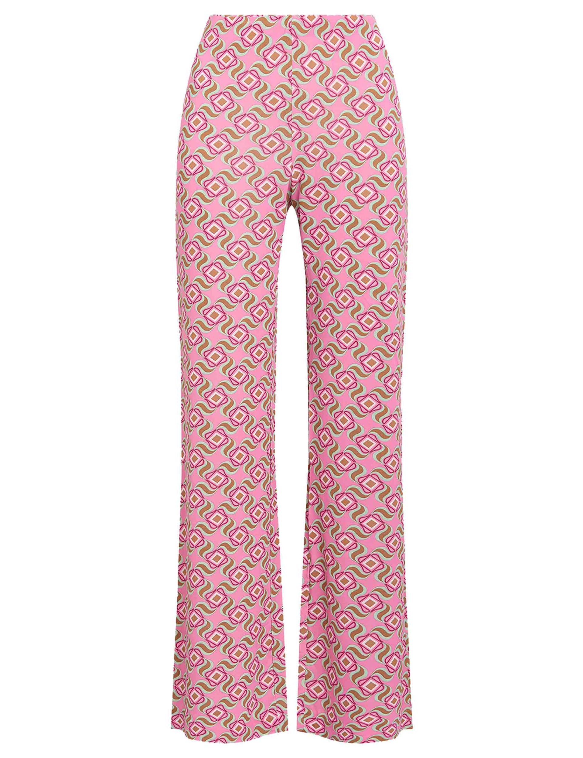 Swirl Print women's trousers in patterned pink stretch jersey