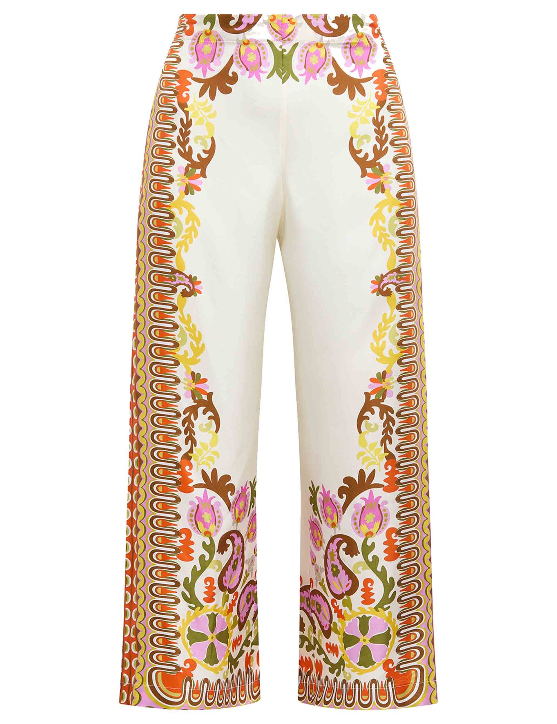 Collection Print women's trousers in white printed silk with wide leg