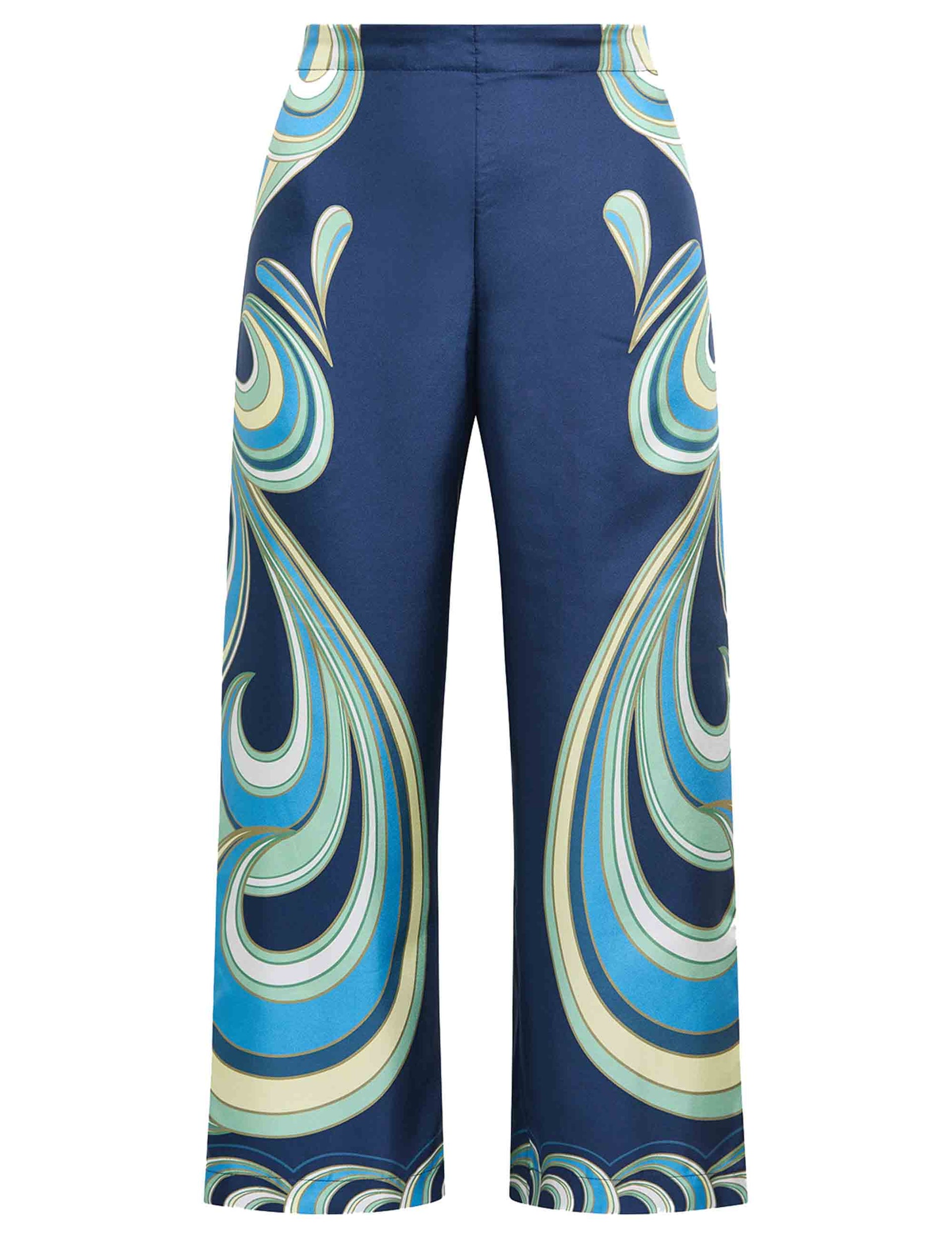 Collection Print women's trousers in blue printed silk with wide leg