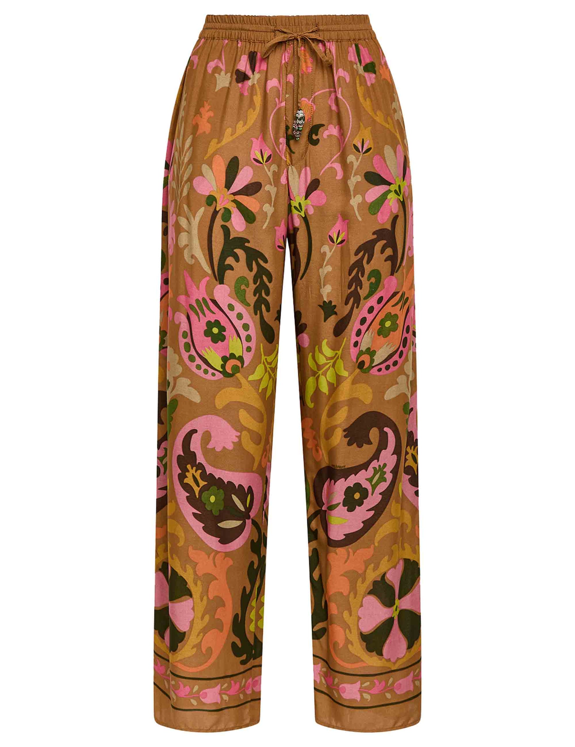 Fortuna Print women's trousers in natural brown viscose with soft leg