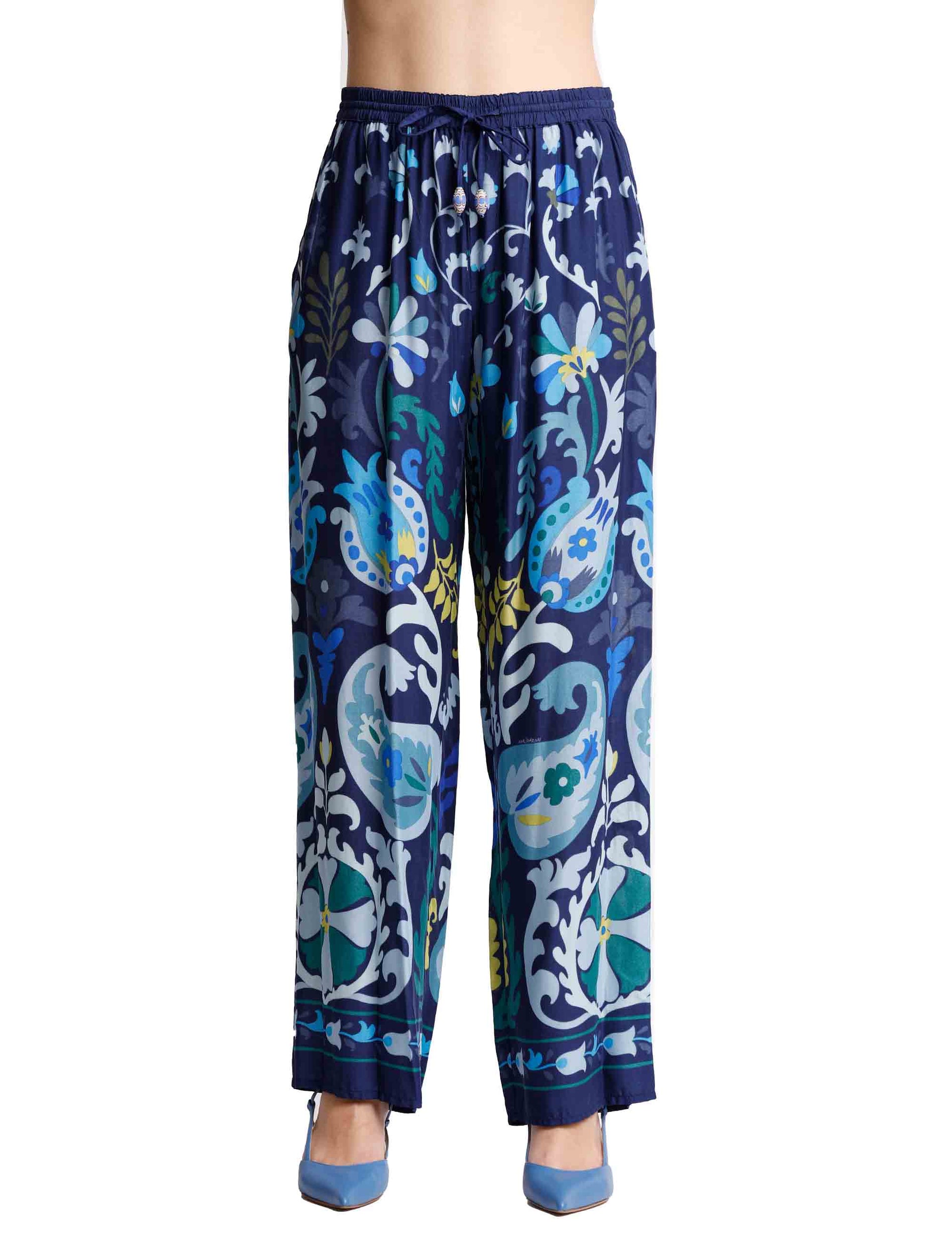 Fortuna Print women's trousers in natural blue viscose with soft leg