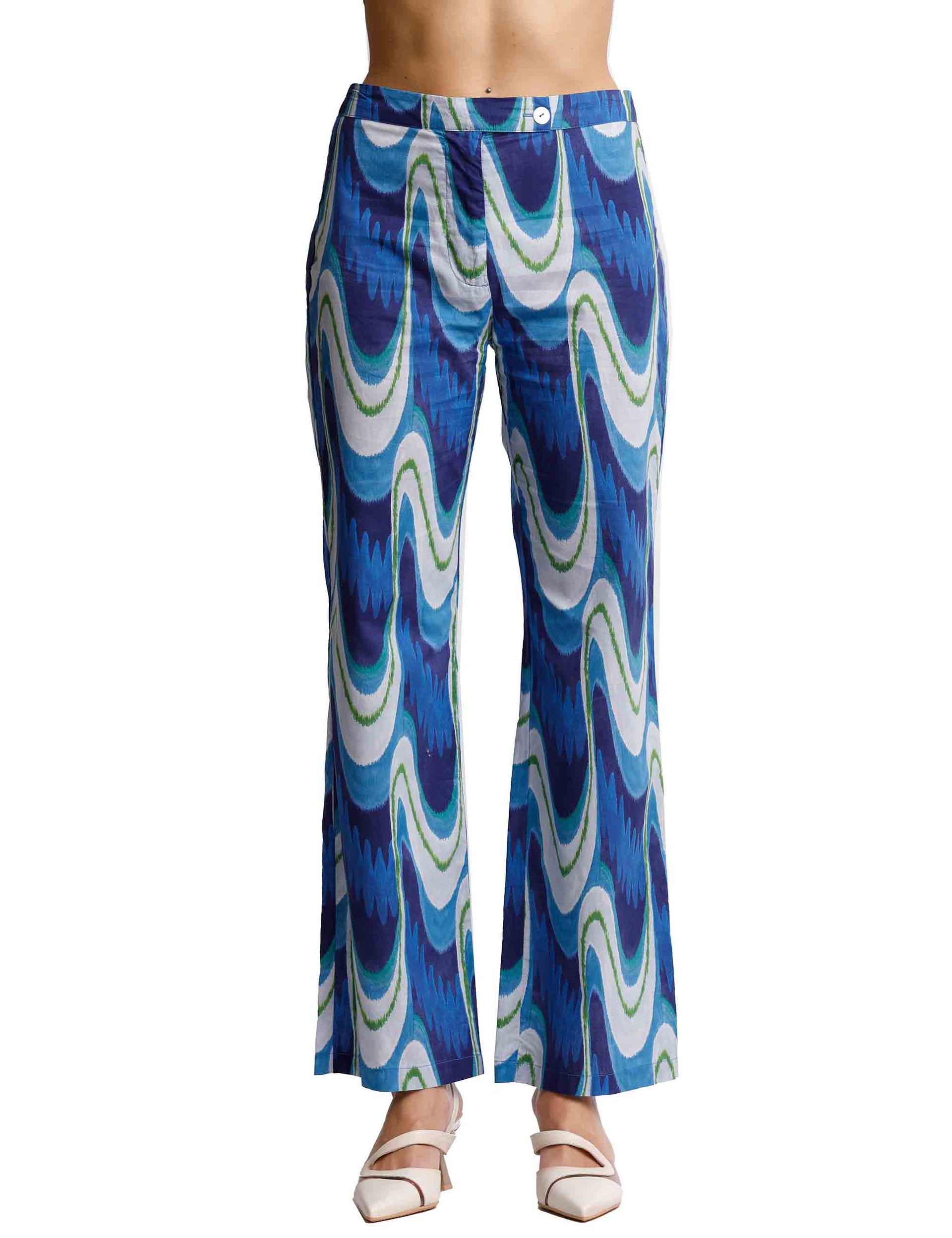 Pantaloni donna Ikat Wave Muslin in cotone blu a fantasia