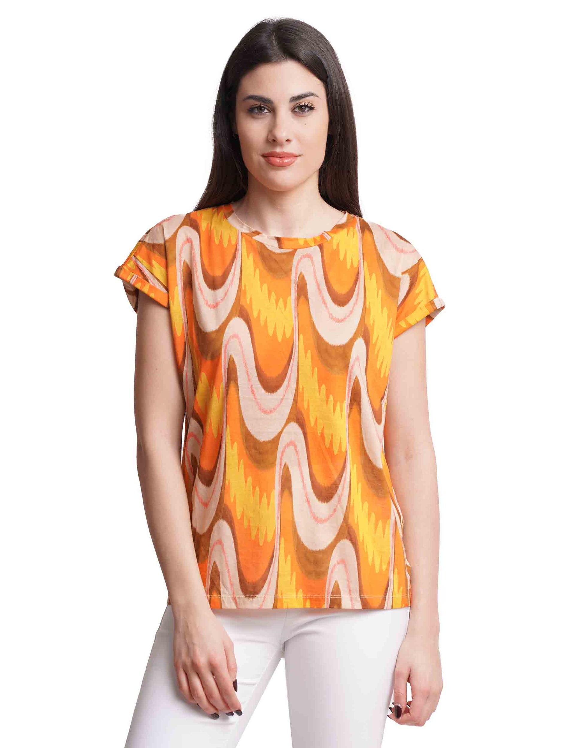 Fortuna's Prints women's t-shirts in orange patterned cotton