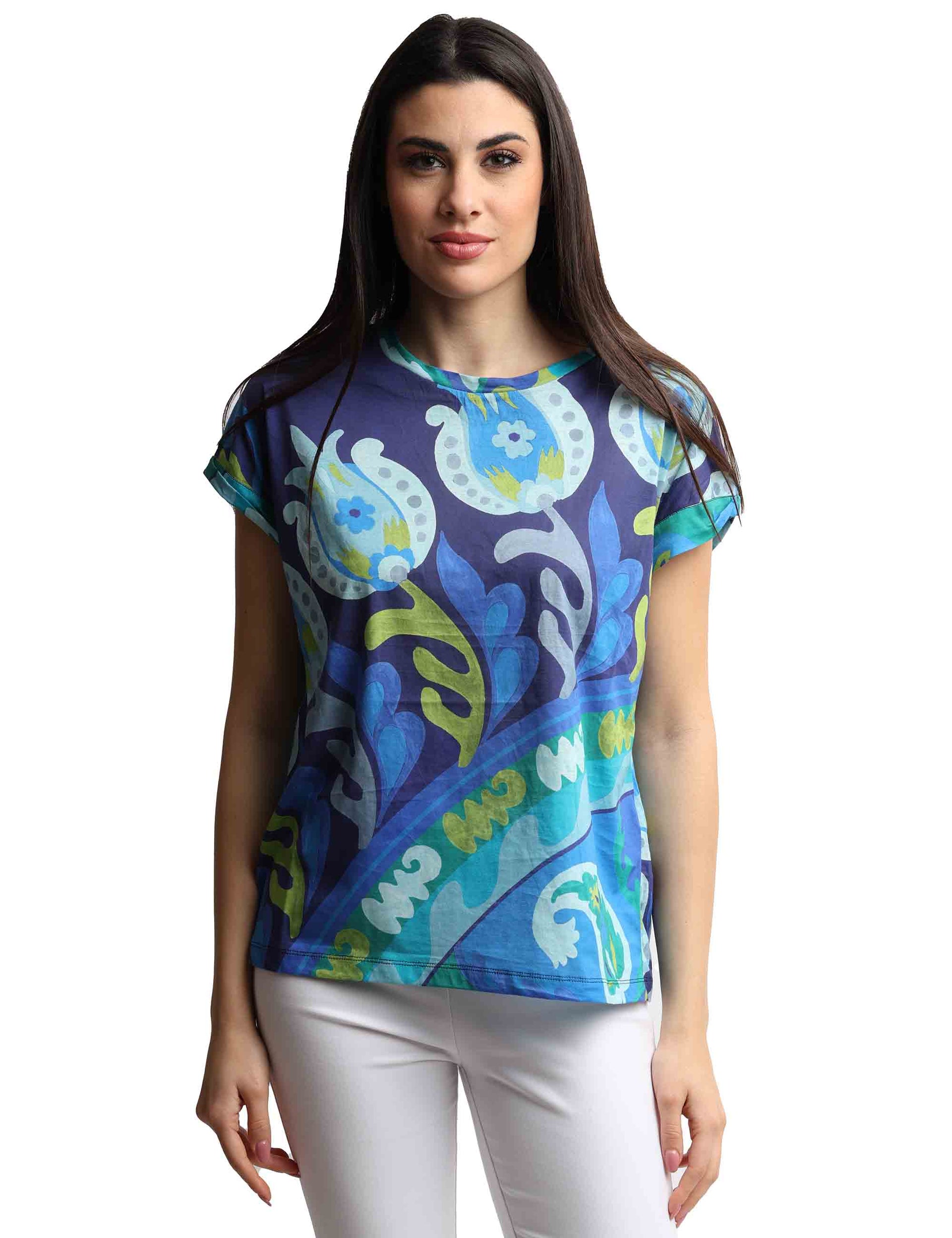Fortuna's Prints women's t-shirts in patterned light blue cotton
