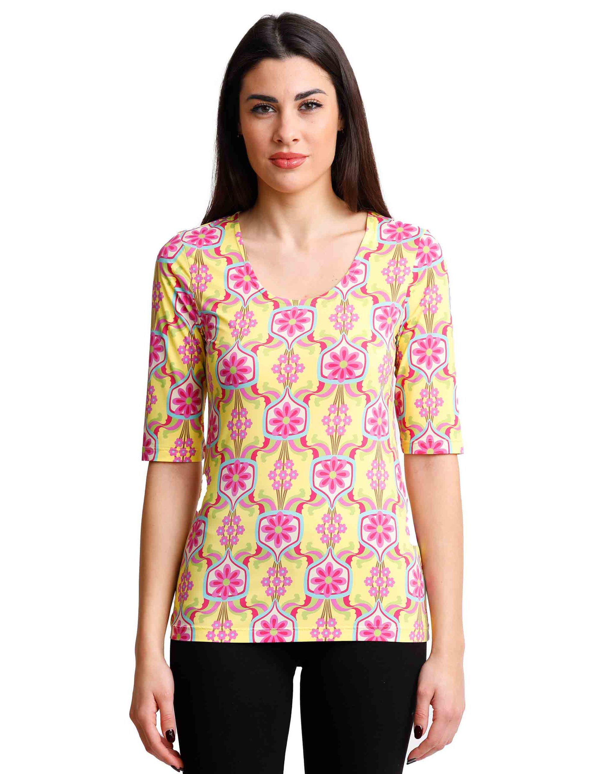 T-shirts donna Marigold in jersey giallo e rosa mezze maniche