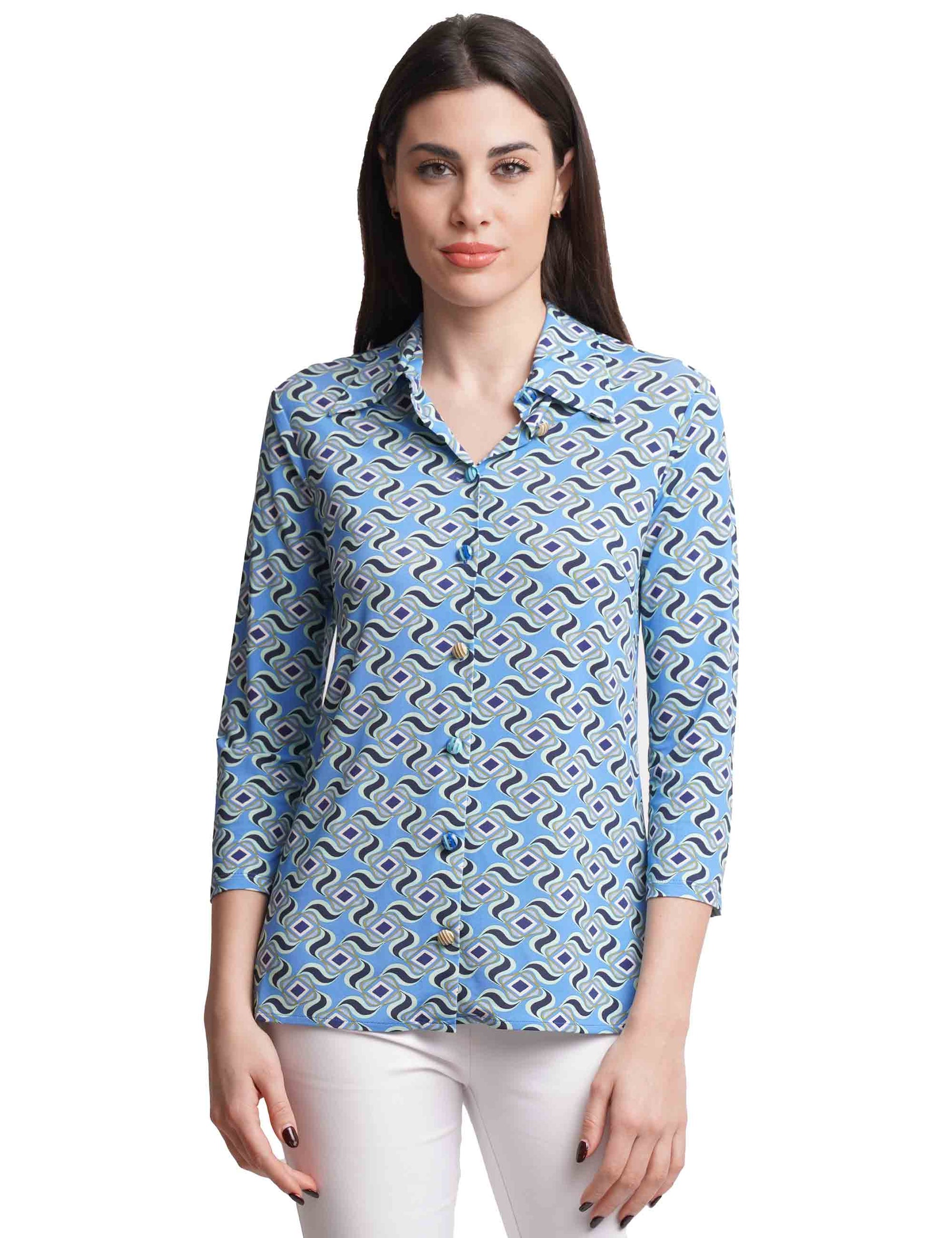 Swirl Print women's shirts in light blue jersey with 3/4 sleeves