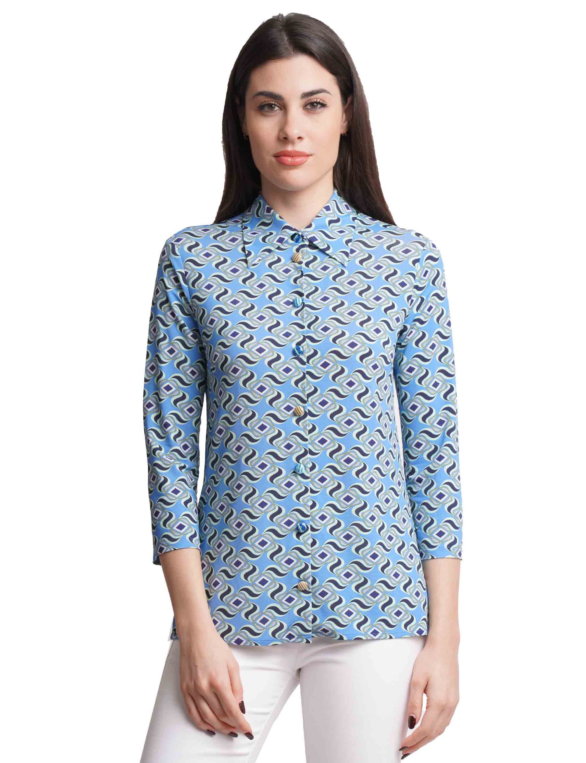 Camicie donna Swirl Print in jersey azzurro con maniche 3/4