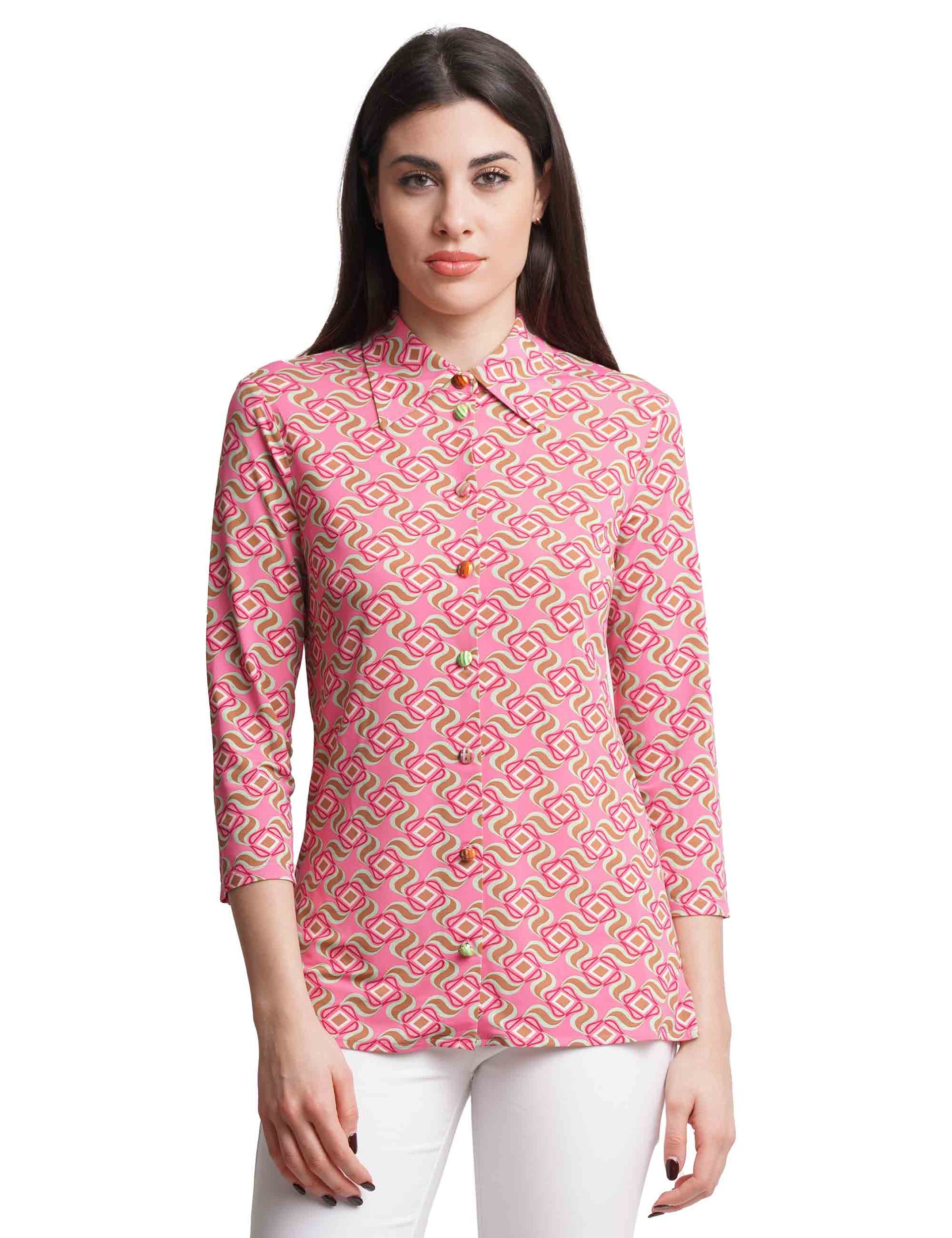 Camicie donna Swirl Print in jersey rosa con maniche 3/4