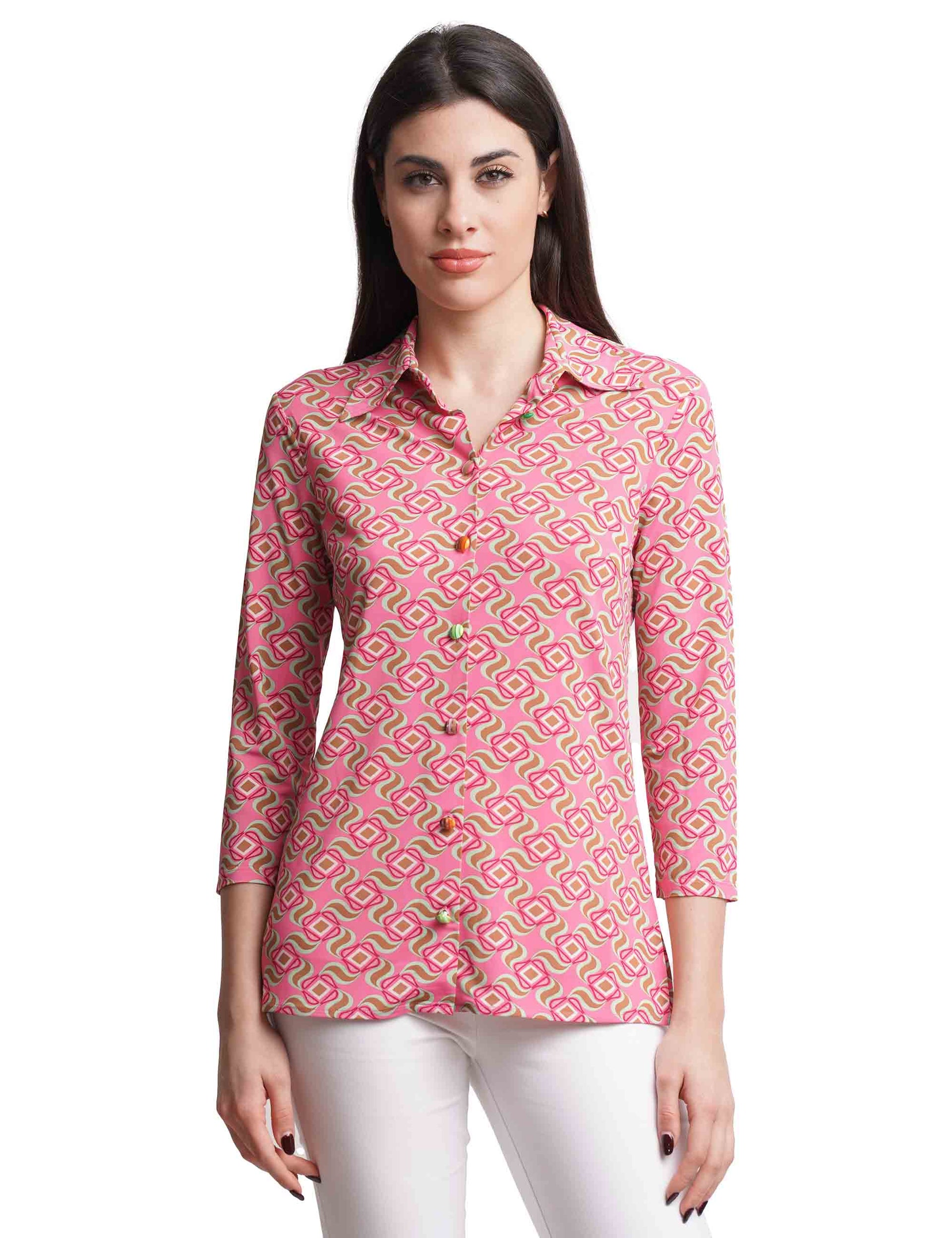 Camicie donna Swirl Print in jersey rosa con maniche 3/4
