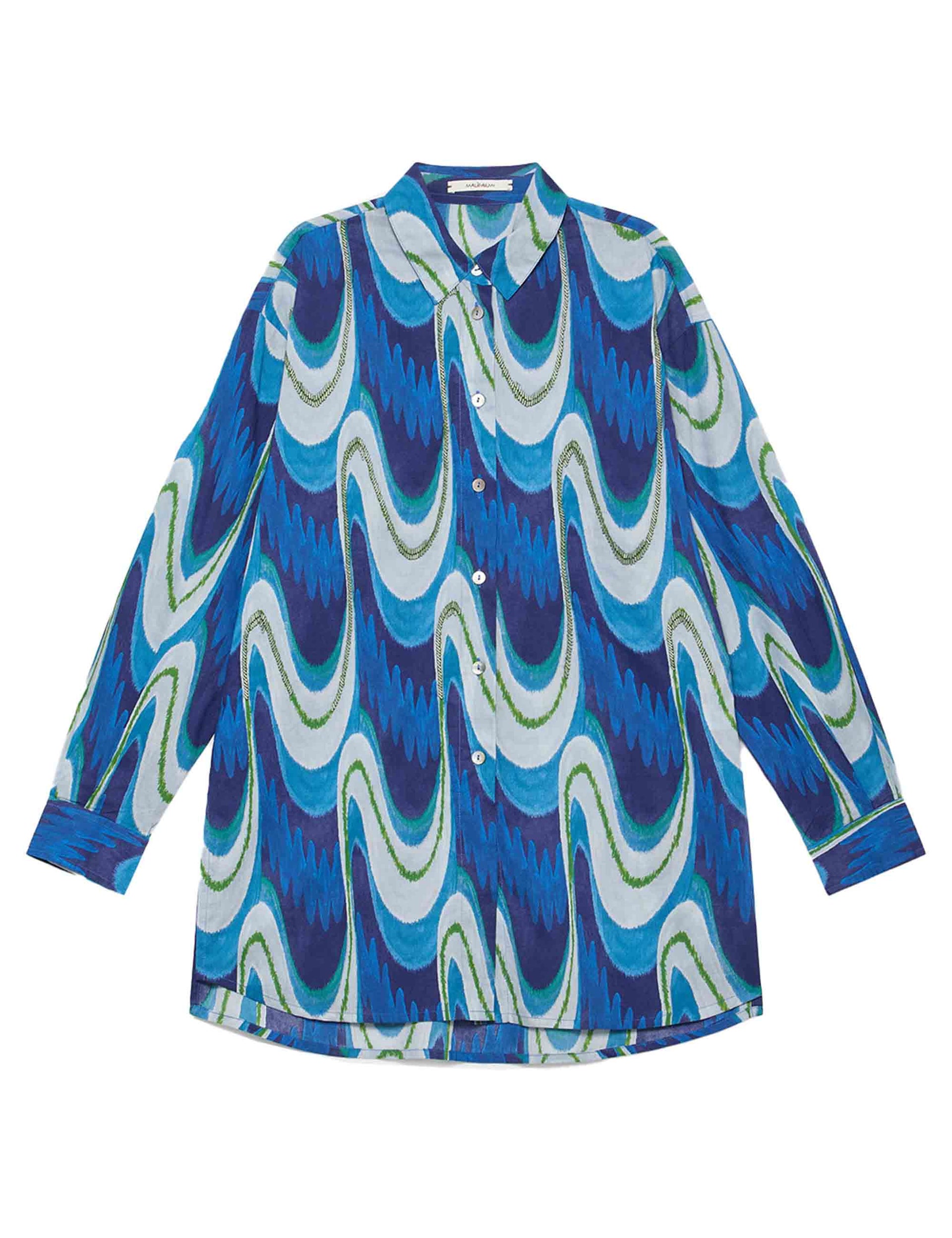 Camicie donna Ikat Wave Muslin in cotone blu e azzurro