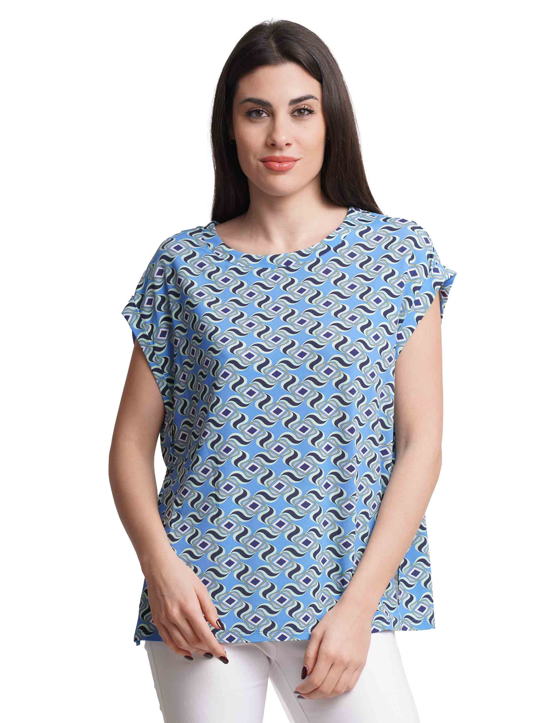 Swirl Print women's t-shirt in patterned light blue jersey with cap sleeves