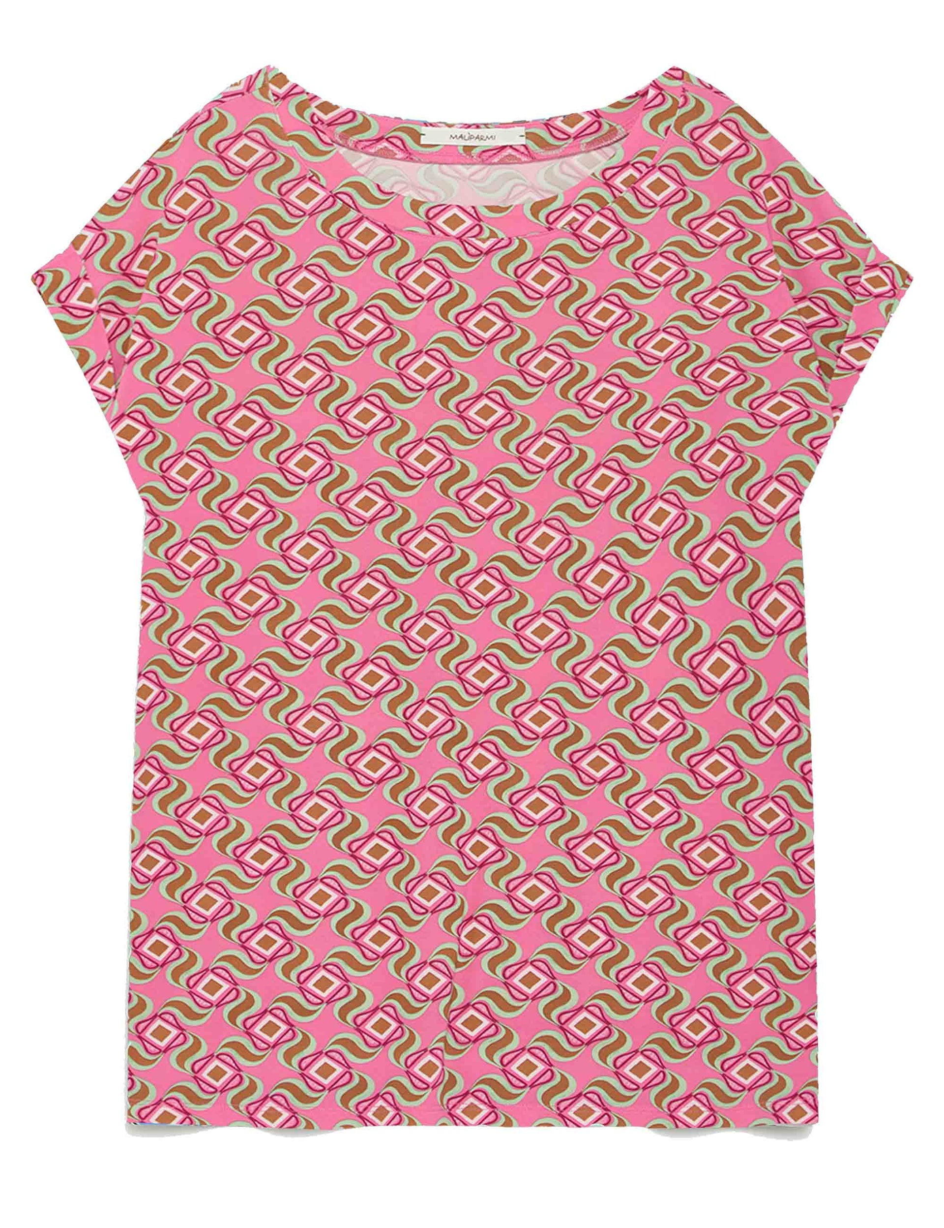 Swirl Print women's t-shirt in patterned pink jersey with cap sleeves