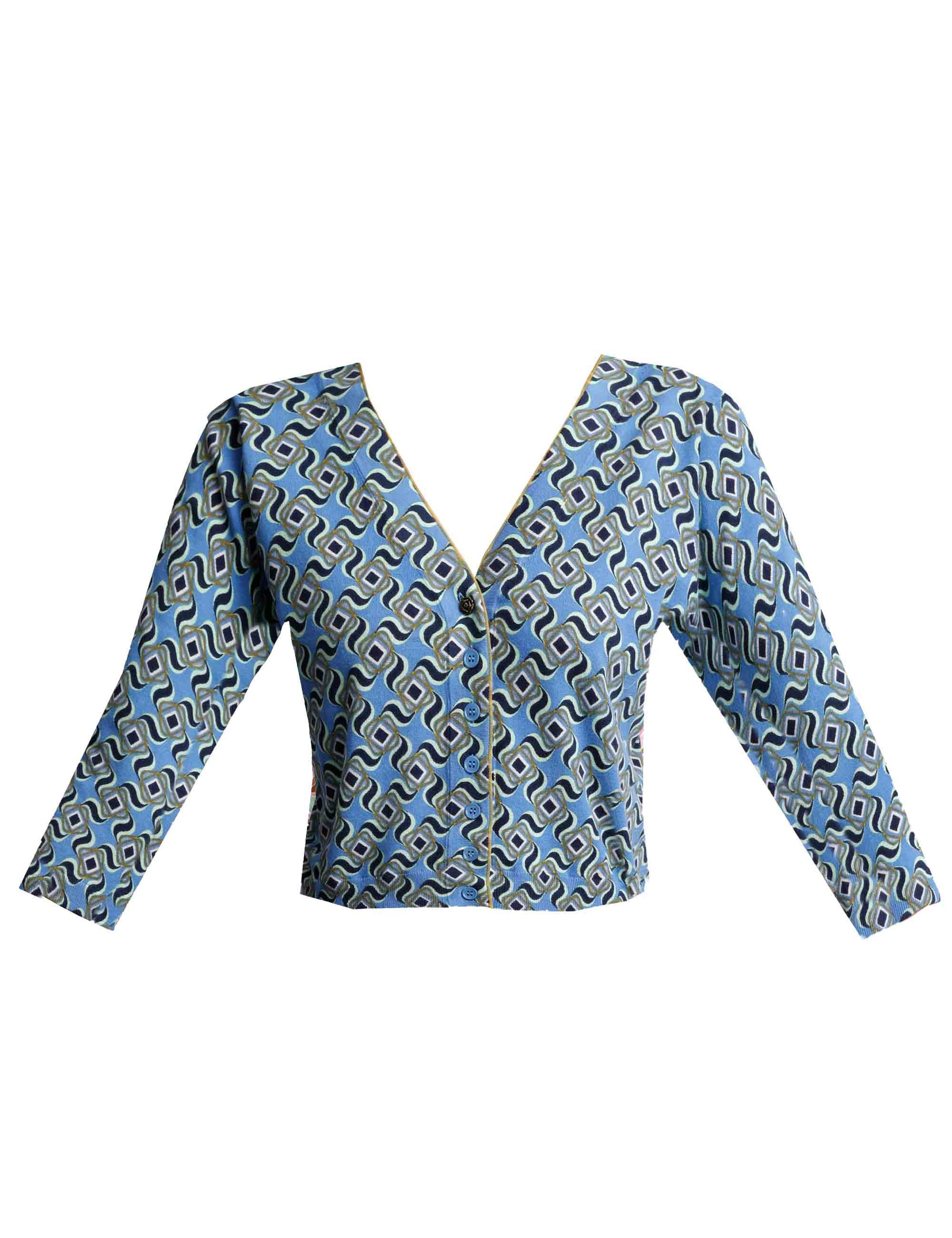 Printed women's cardigan sweaters in blue cotton with 3/4 sleeves