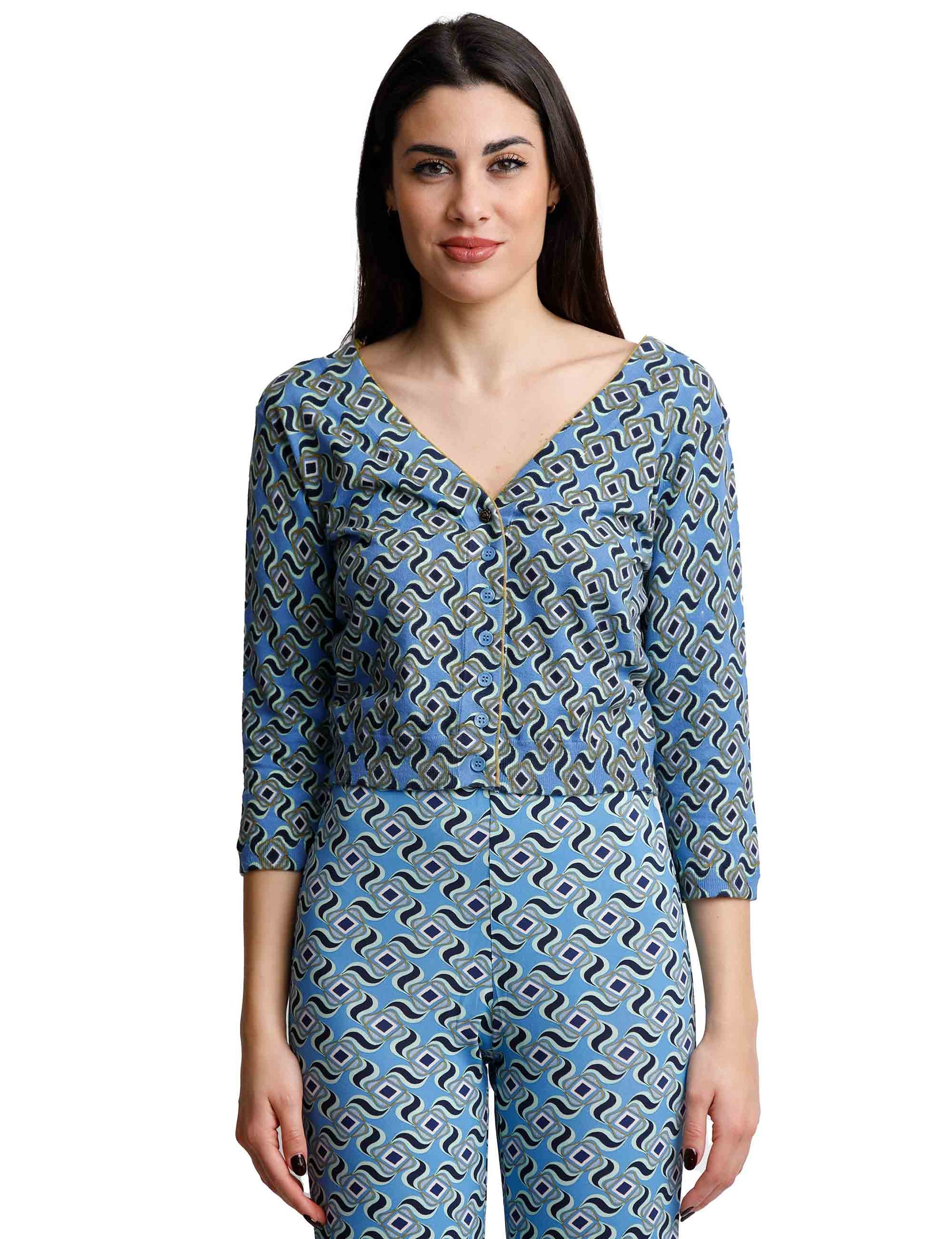 Printed women's cardigan sweaters in blue cotton with 3/4 sleeves