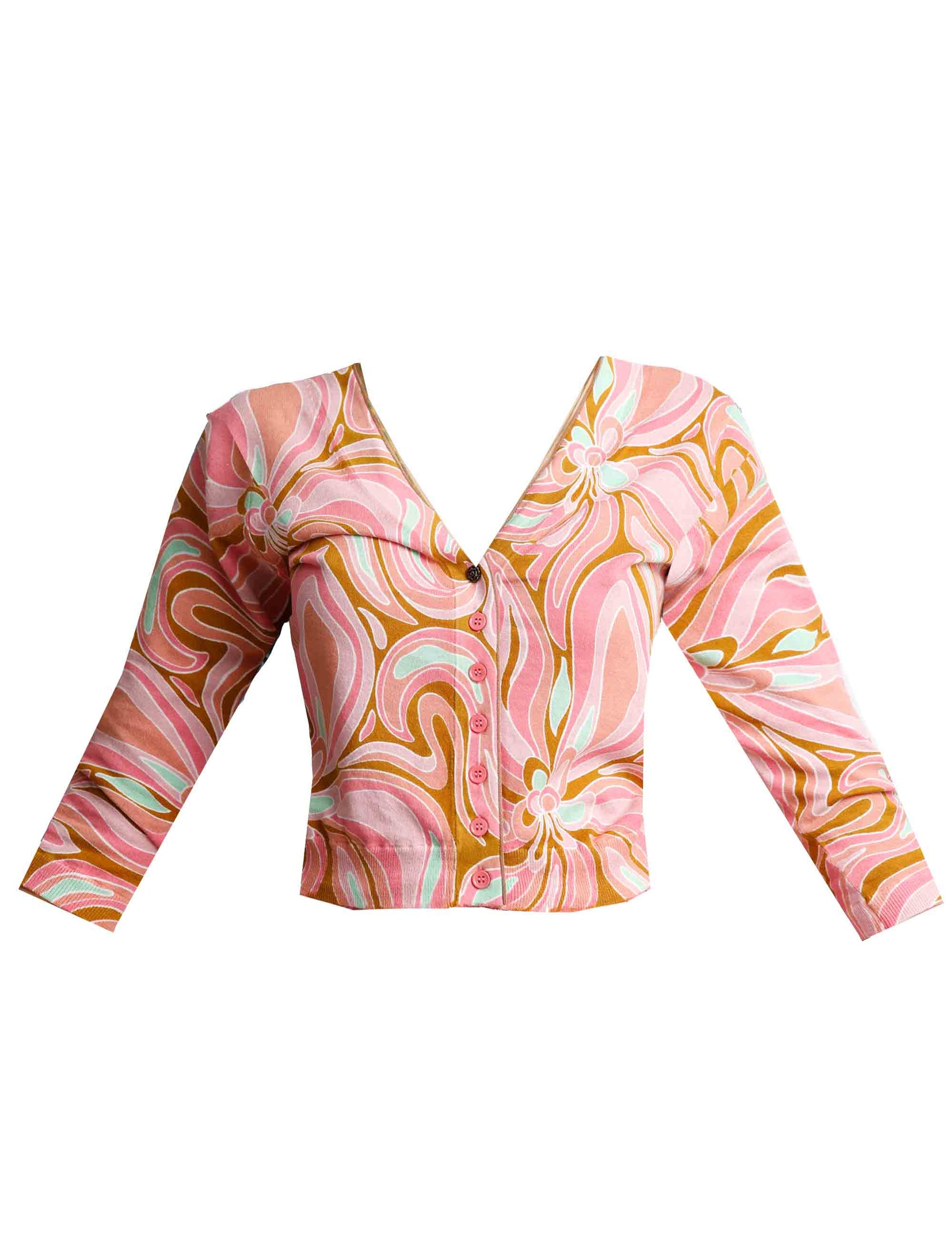 Printed women's cardigan sweaters in pink cotton with 3/4 sleeves